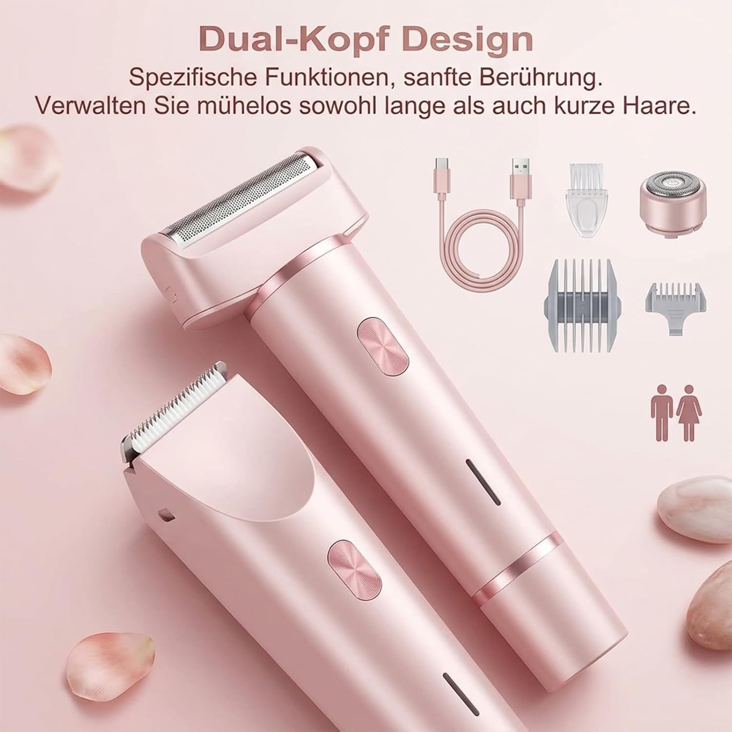 Zwei rosafarbene Haarschneider mit Zubehör auf rosa Hintergrund.