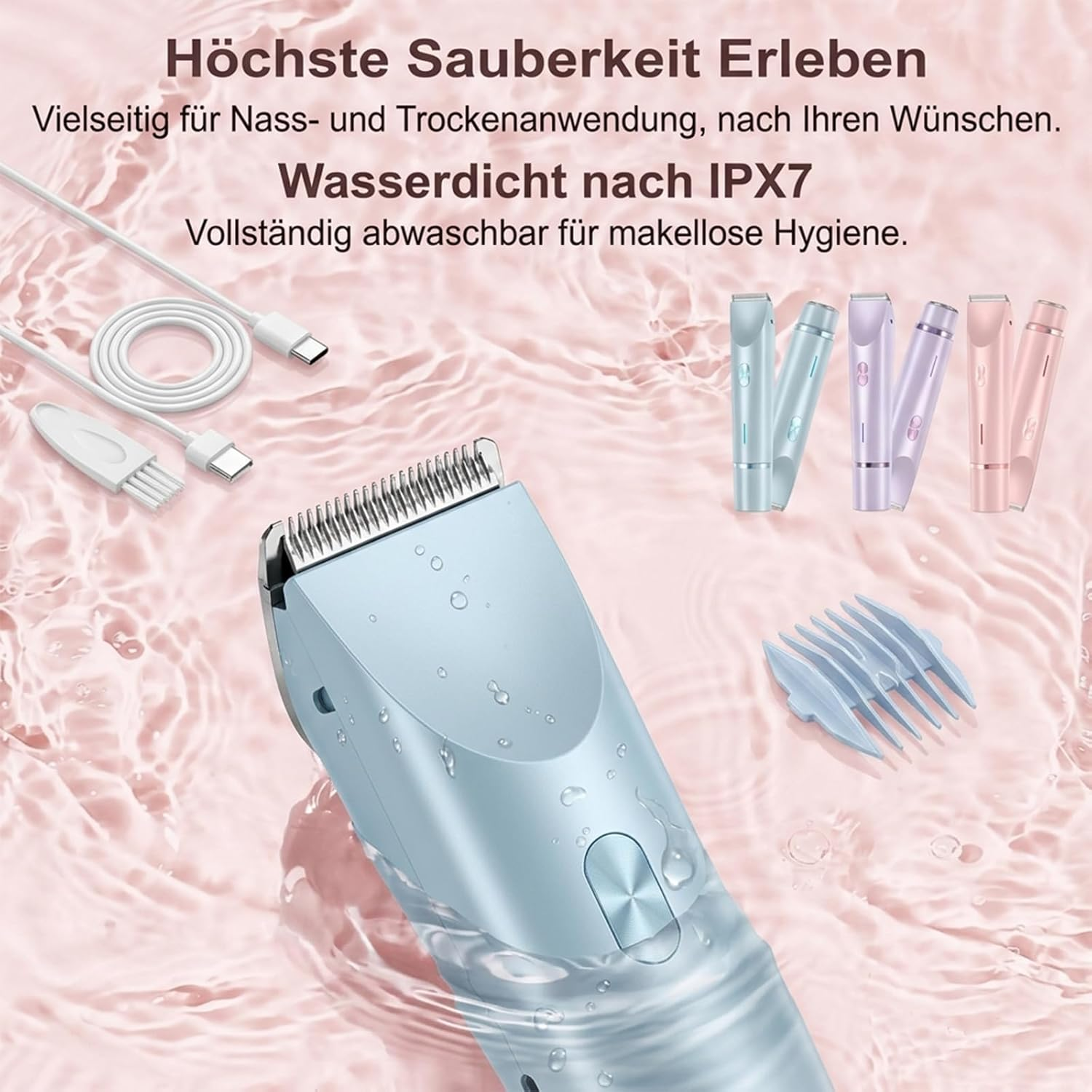 Ein blaugrüner Haarschneider mit Zubehör in einem Wasserbecken.