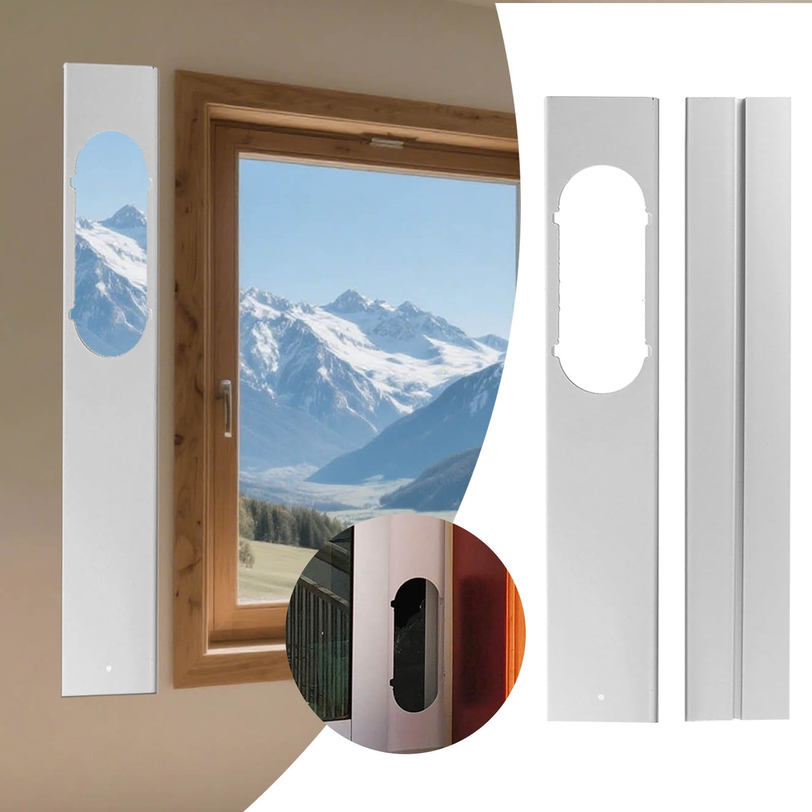 Fensterabdichtung mit Berglandschafts-Hintergrund und weißen Paneelen.