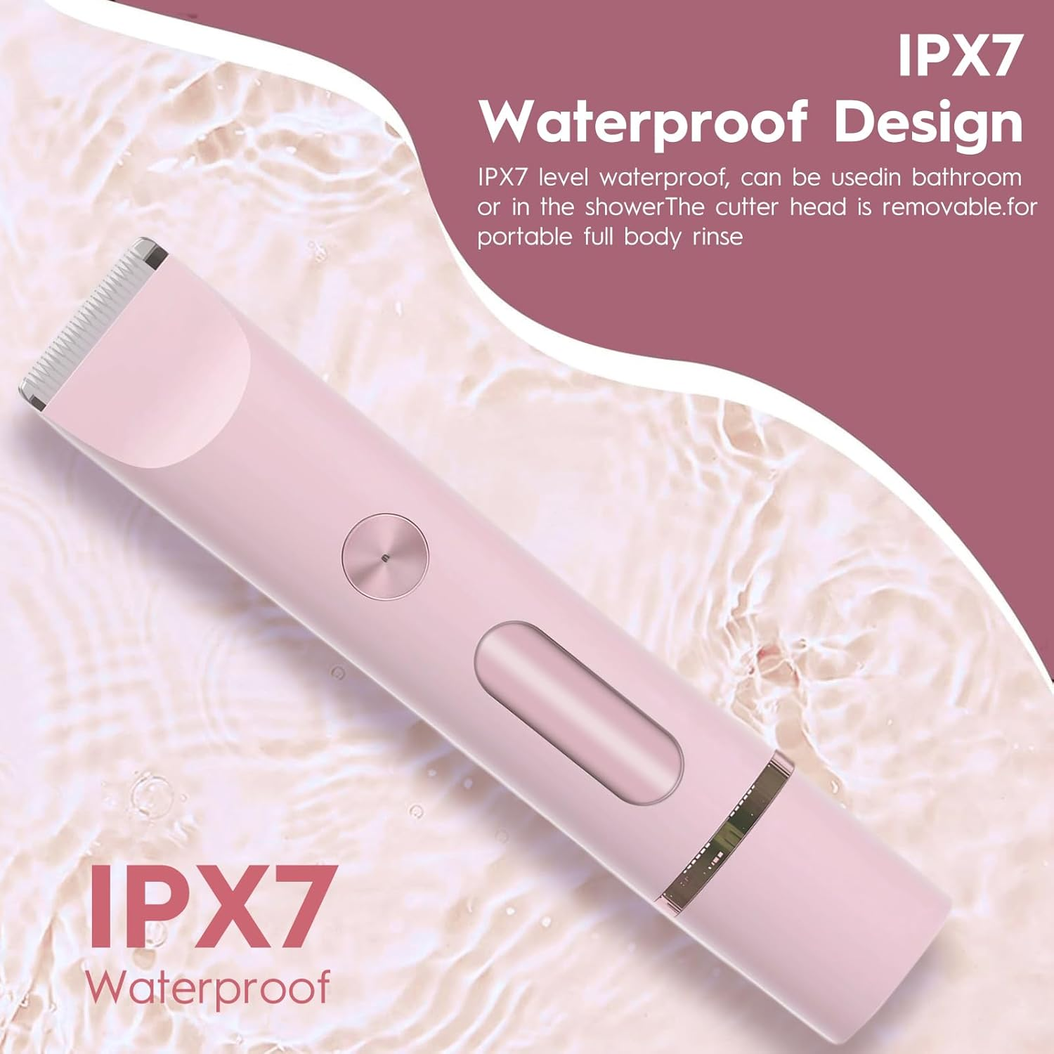Ein rosa IPX7 wasserdichter Haartrimmer liegt auf sprudelndem Wasser.