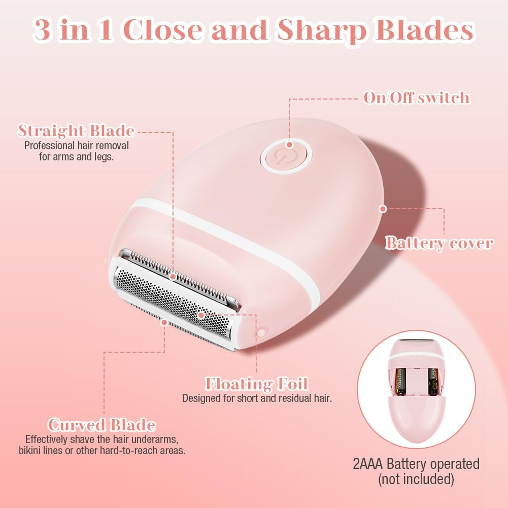 Pinker Elektrorasierer mit Beschriftungen für gerade Klinge, Scherfolie, gebogene Klinge, Ein-/Ausschalter, Batteriefach und 2 AAA-Batterien.