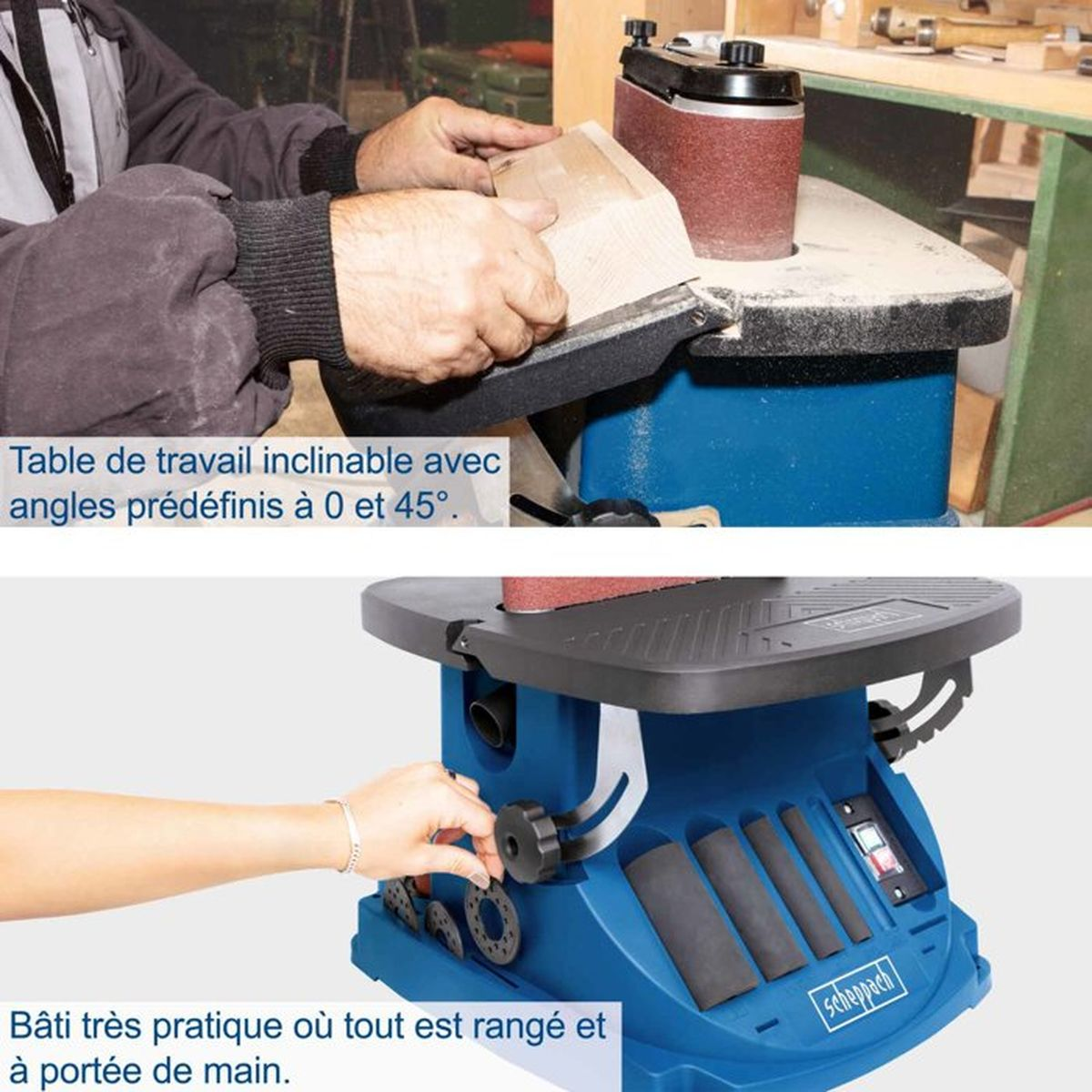 Holzbearbeitungsmaschine mit schwenkbarem Tisch und integrierter Aufbewahrung.