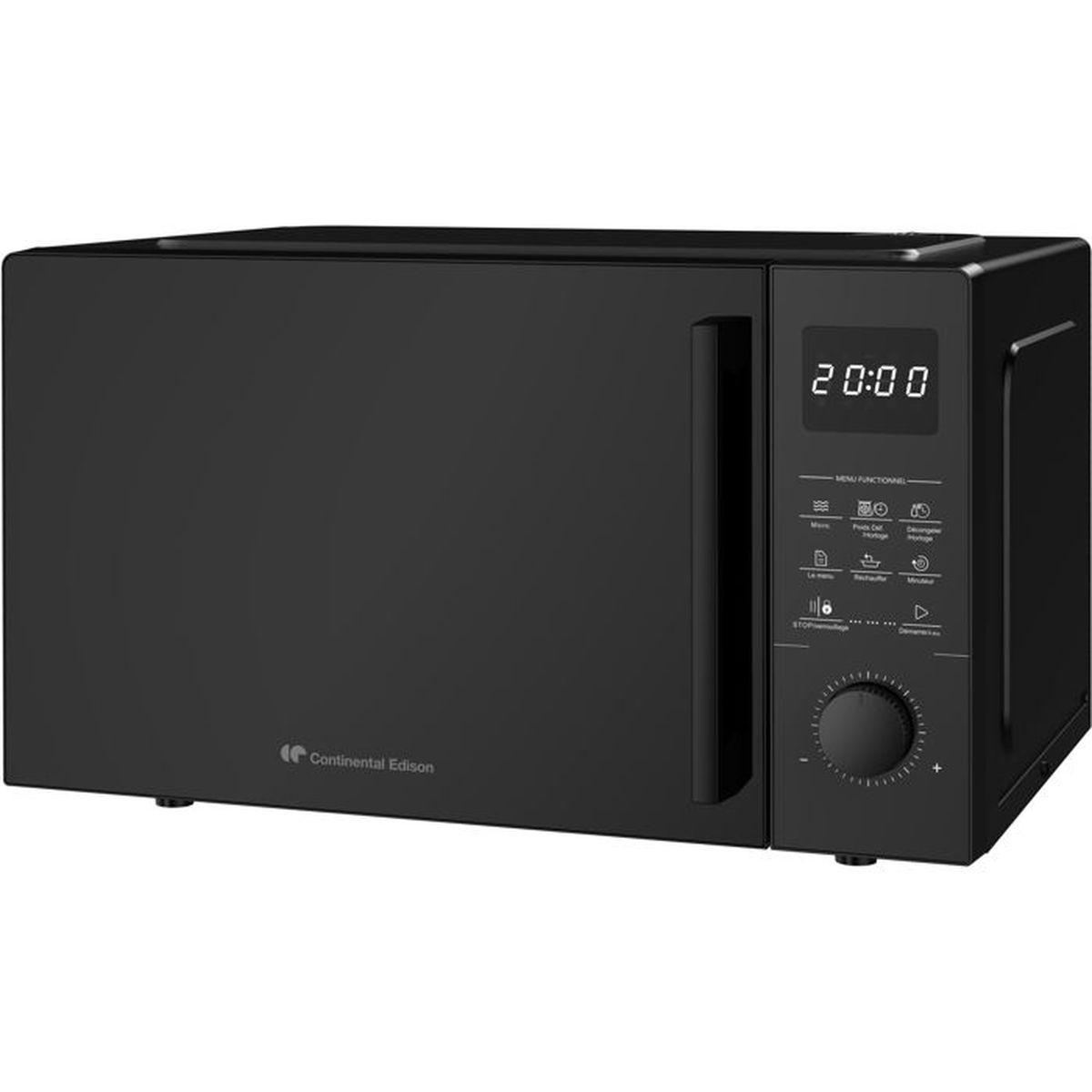 Schwarze Mikrowelle von Continental Edison mit digitaler Anzeige und Drehknopf.