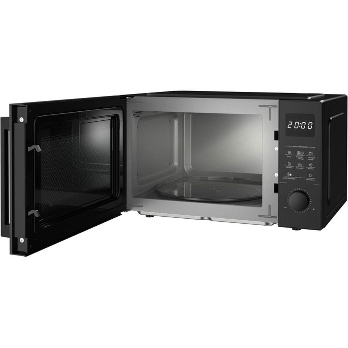 Offene schwarze Mikrowelle mit Digitalanzeige 20:00 und Glasdrehteller innen.