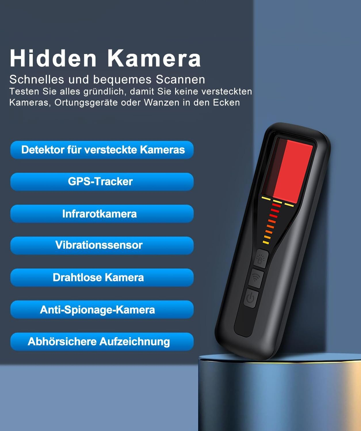 Gerät zur Erkennung von versteckten Kameras, GPS-Trackern und Wanzen. Funktionen umfassen Infrarot- und Vibrationssensoren.