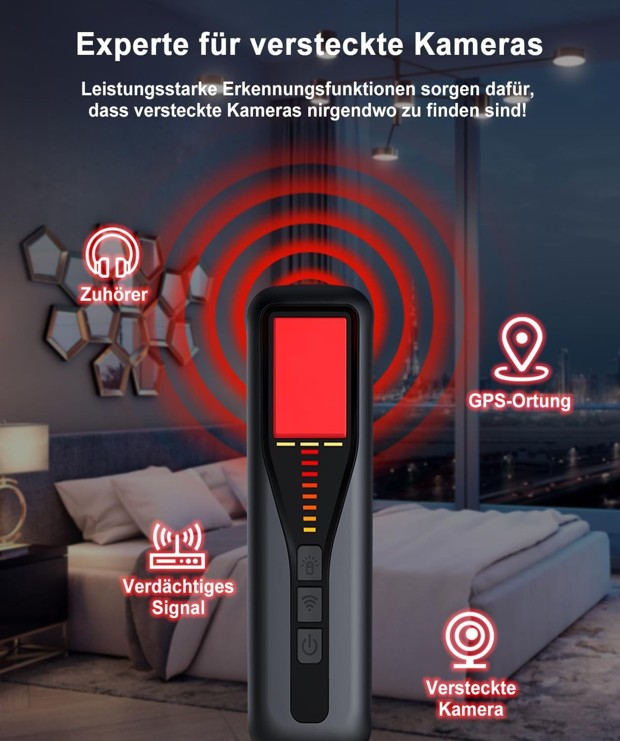 Detektor für versteckte Kameras mit Anzeige für Zuhörer, GPS, Signal und Kamera.