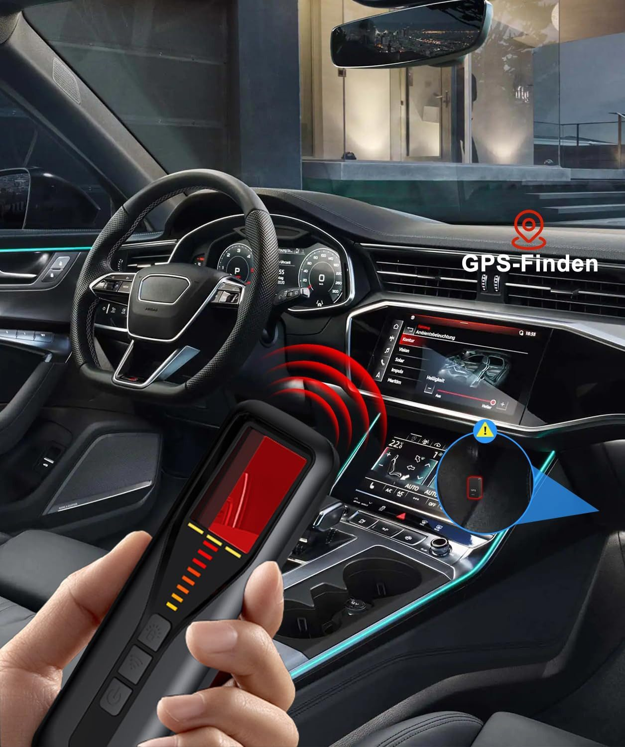 Hand hält Detektor im Auto, der GPS-Ortung anzeigt.