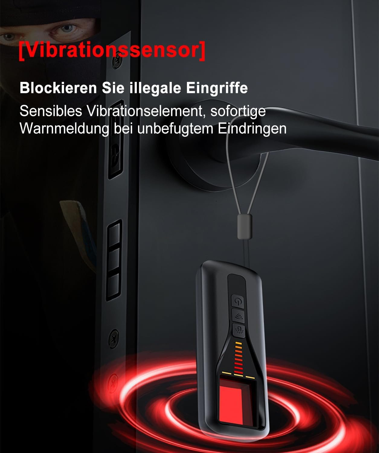Ein schwarzes Gerät mit roten Lichtringen, das an einer Tür angebracht ist.