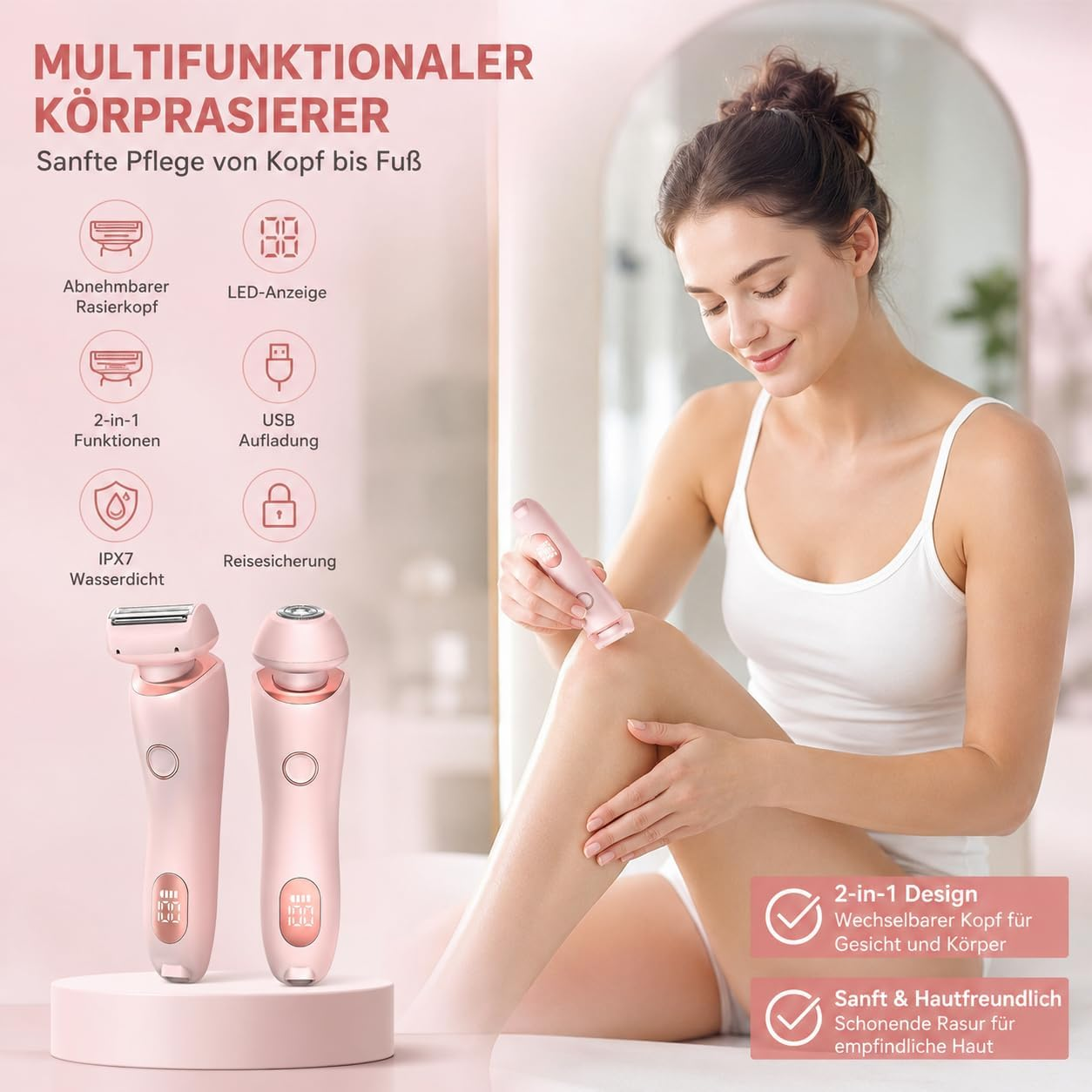 Eine Frau benutzt einen rosa Körperrasierer am Bein. Links sind Produktmerkmale.