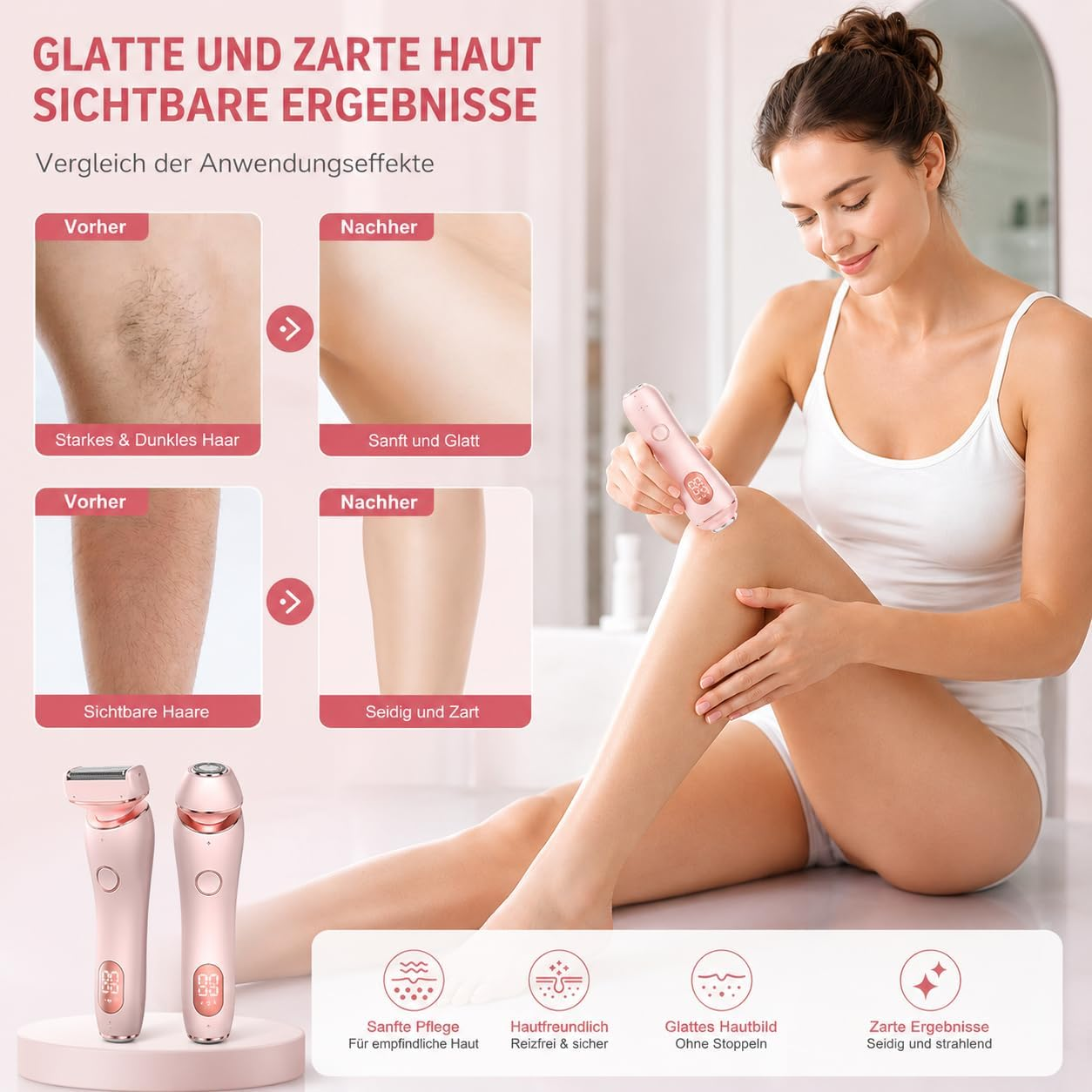 Frau benutzt Epilierer, Vorher/Nachher-Hautbilder, zwei Epilierer.