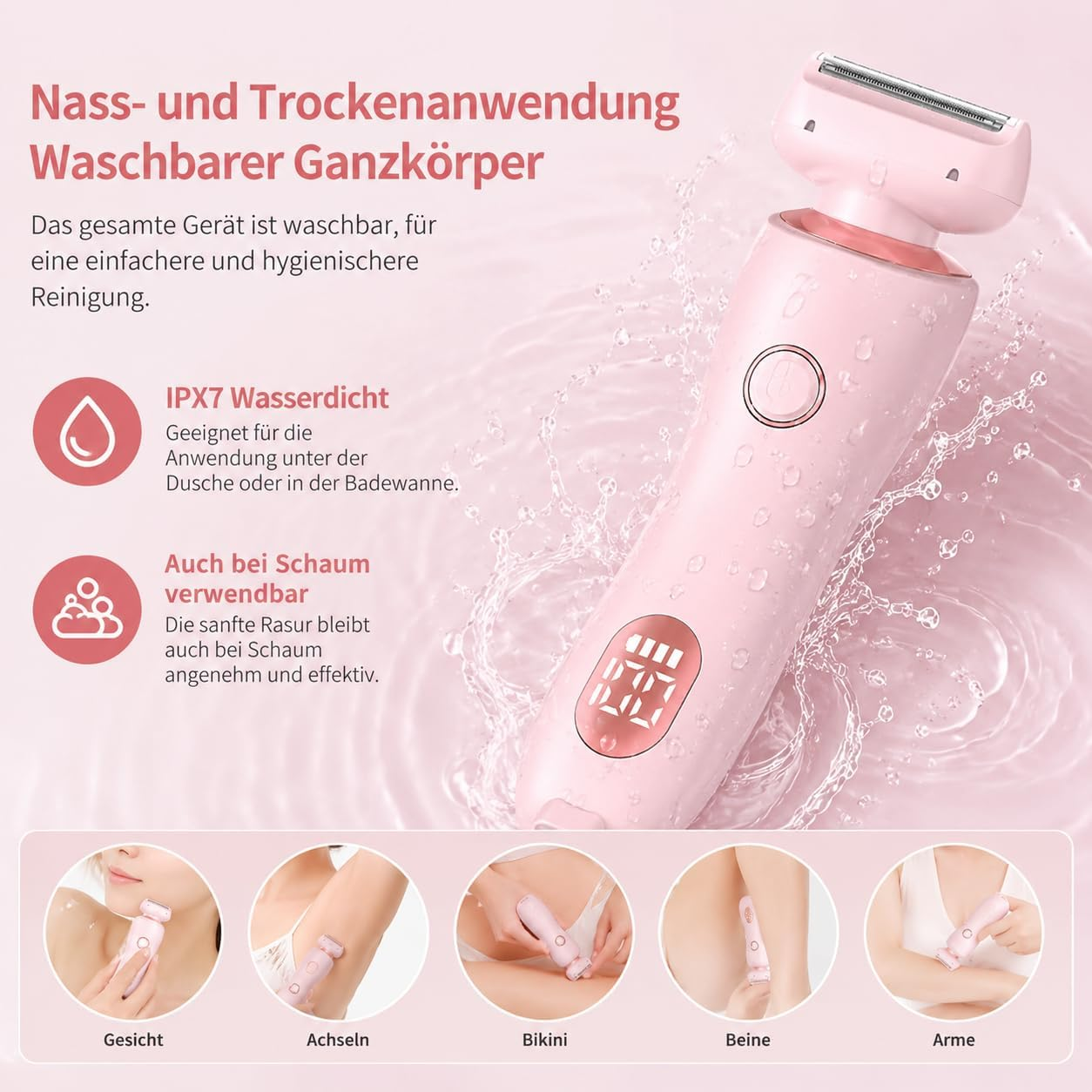 Pink epilierer mit Wasser spritzt, für verschiedene Körperbereiche.