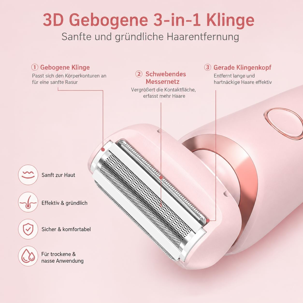 Ein rosafarbener 3D-Rasierer mit drei Klingen, der sanfte und gründliche Haarentfernung verspricht.