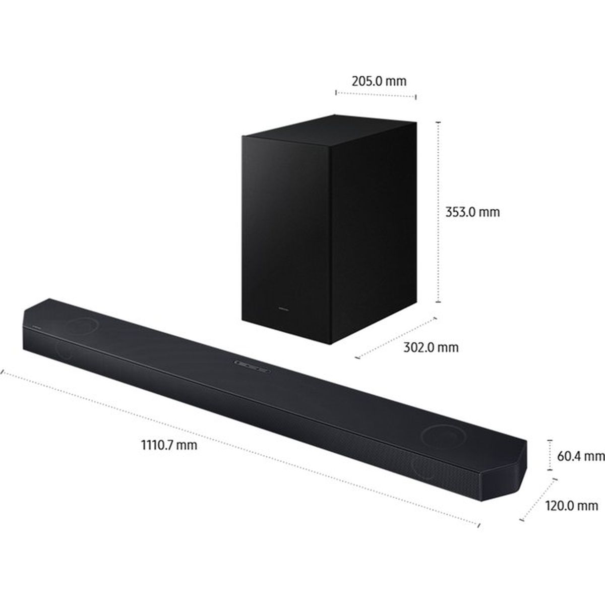 Schwarze Soundbar und Subwoofer mit Maßangaben.