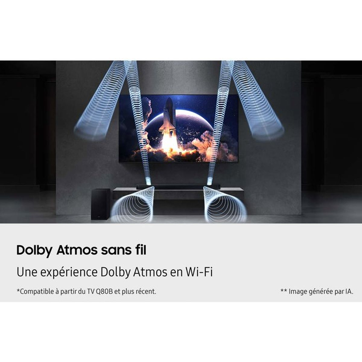 Ein Fernseher mit Soundbar zeigt eine Rakete beim Start. Wellen zeigen Dolby Atmos.