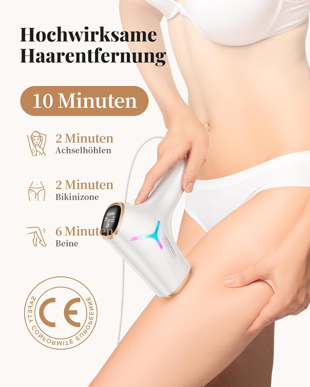 Hocheffektive Haarentfernung mit Gerät in 10 Min. für Achseln, Bikini, Beine.