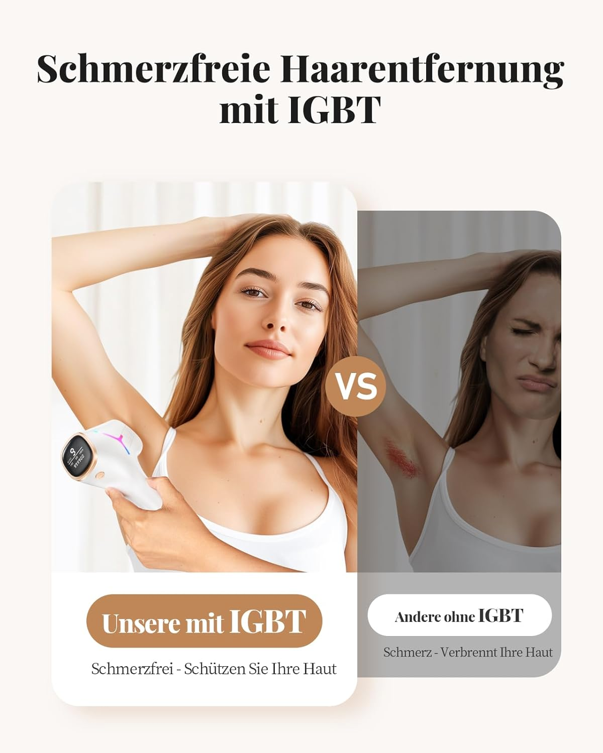 Vergleich von schmerzfreier Haarentfernung mit IGBT und schmerzhafter ohne.