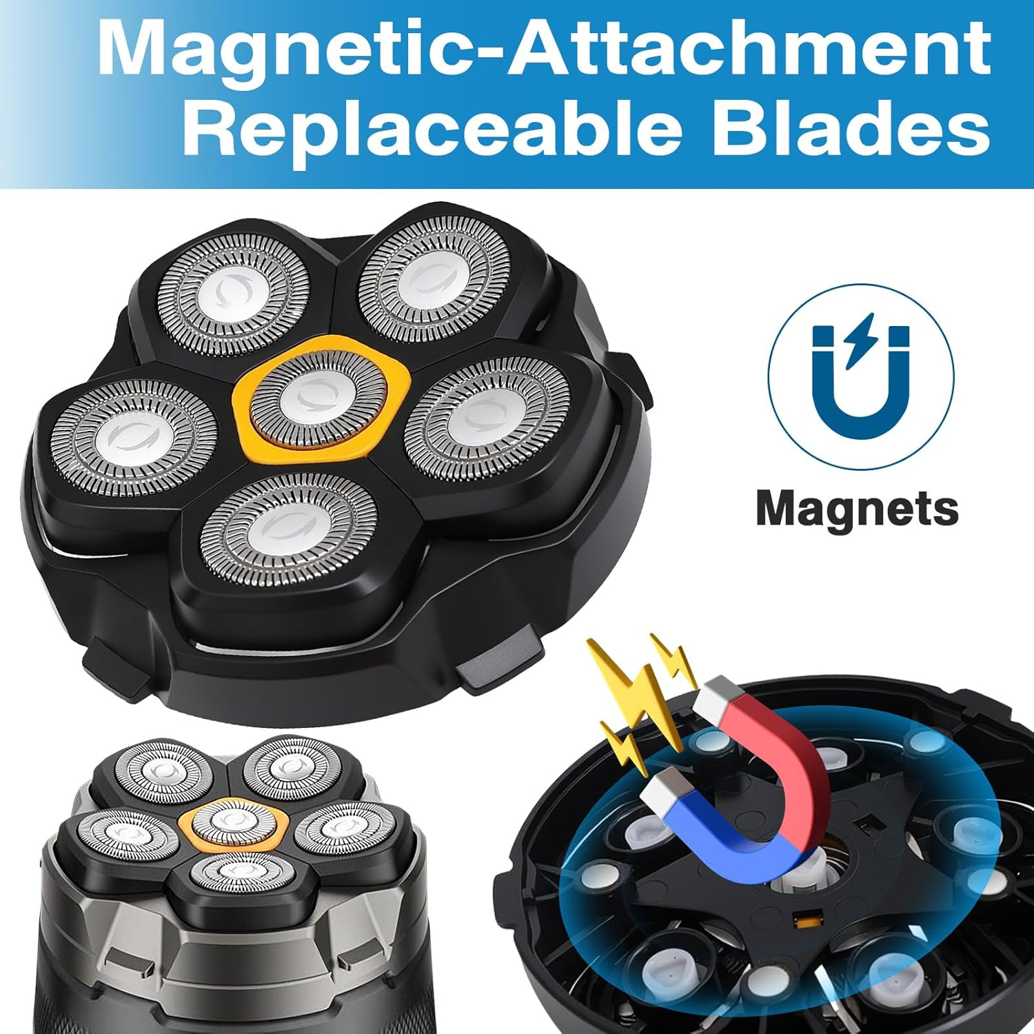 Ein Rasierkopf mit sechs Klingen und ein Magnet mit Blitzen.