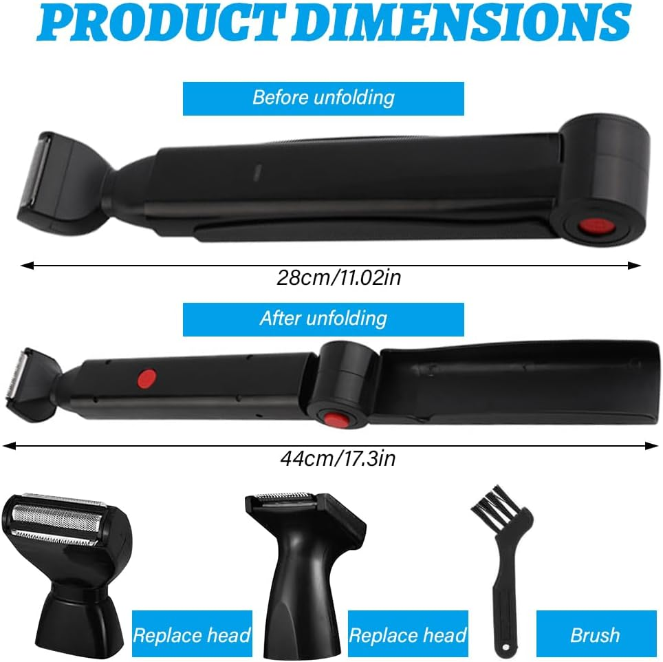 Produktabmessungen: Schwarzer Trimmer, gefaltet (28cm) und entfaltet (44cm), mit zwei Köpfen und Bürste.