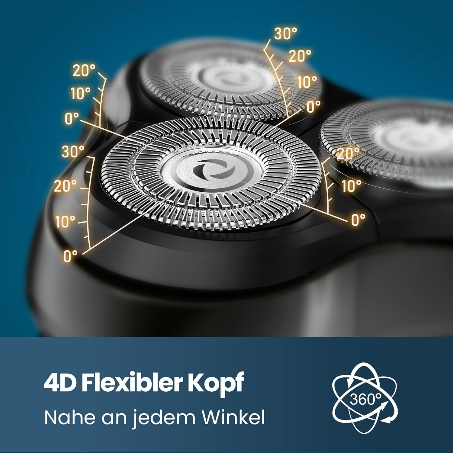 Nahaufnahme eines scharfen Rasierkopfes mit Winkeln von 0-30 Grad.