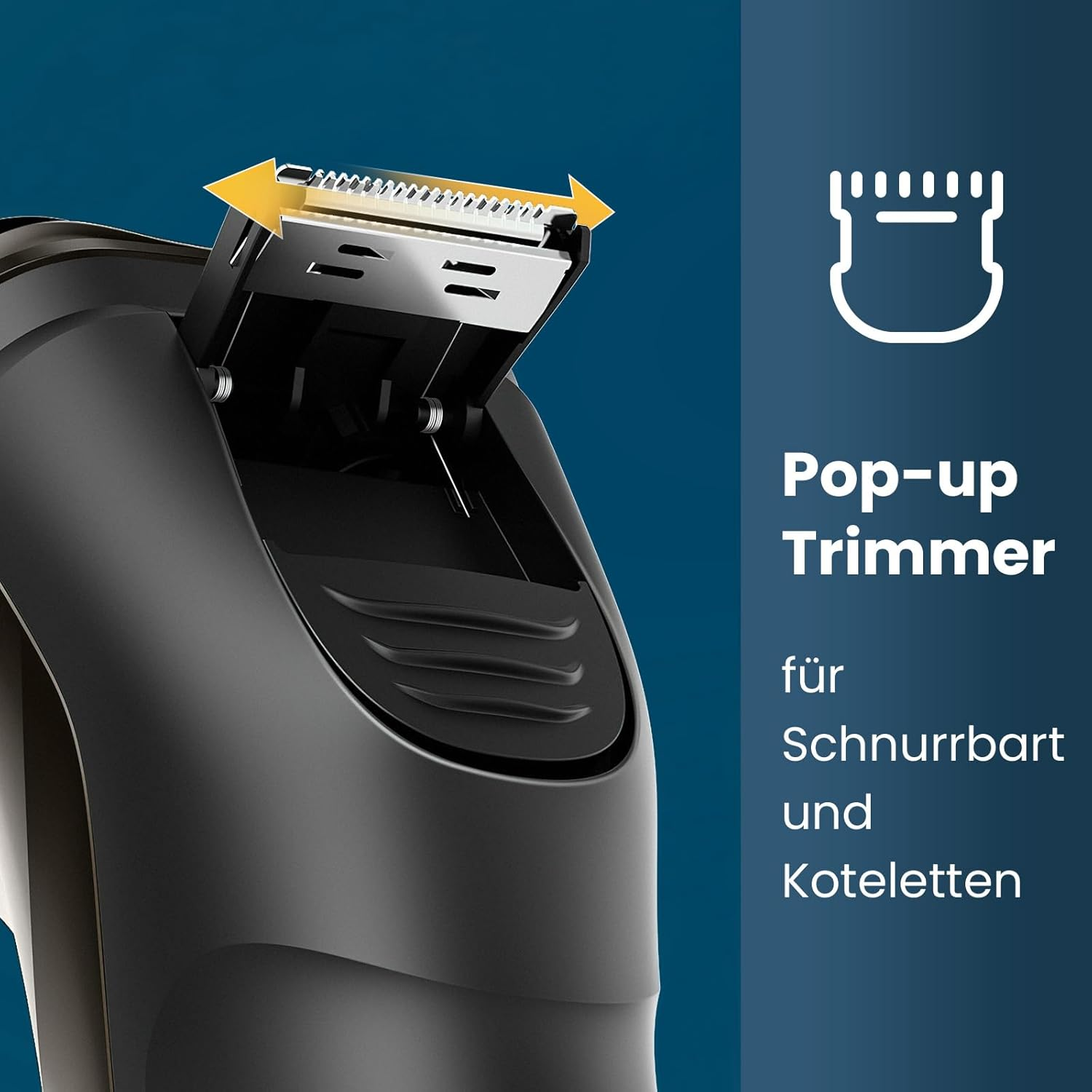 Ein ausklappbarer Trimmer für Schnurrbart und Koteletten.