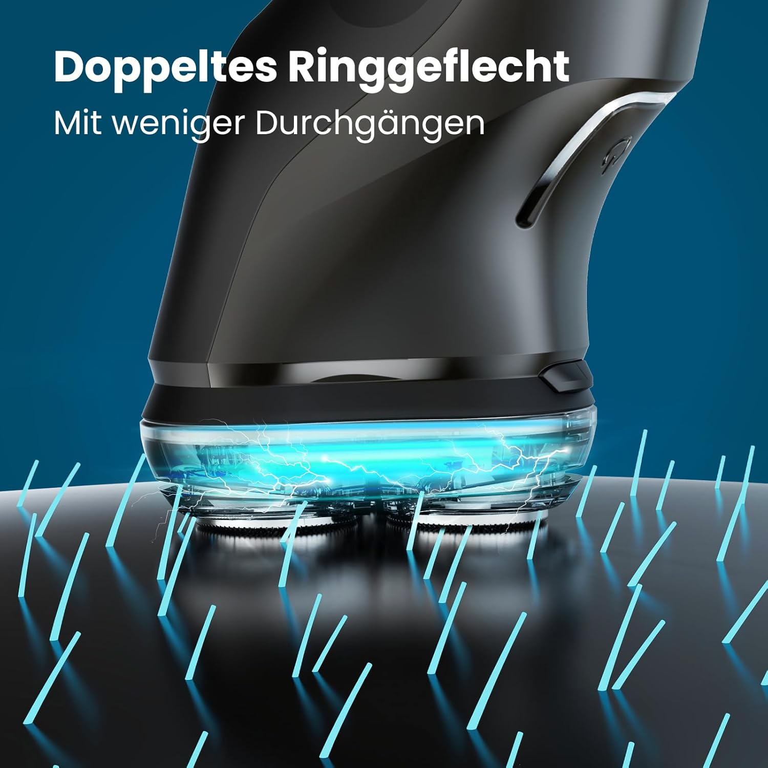 Ein schwarzer Rasierer mit blauen Lichteffekten über einer dunklen Oberfläche mit Stacheln.
