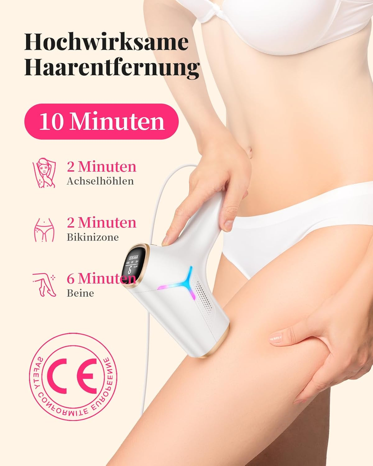 Hocheffektive Haarentfernung in 10 Min. Gerät wird an Beinen angewendet.