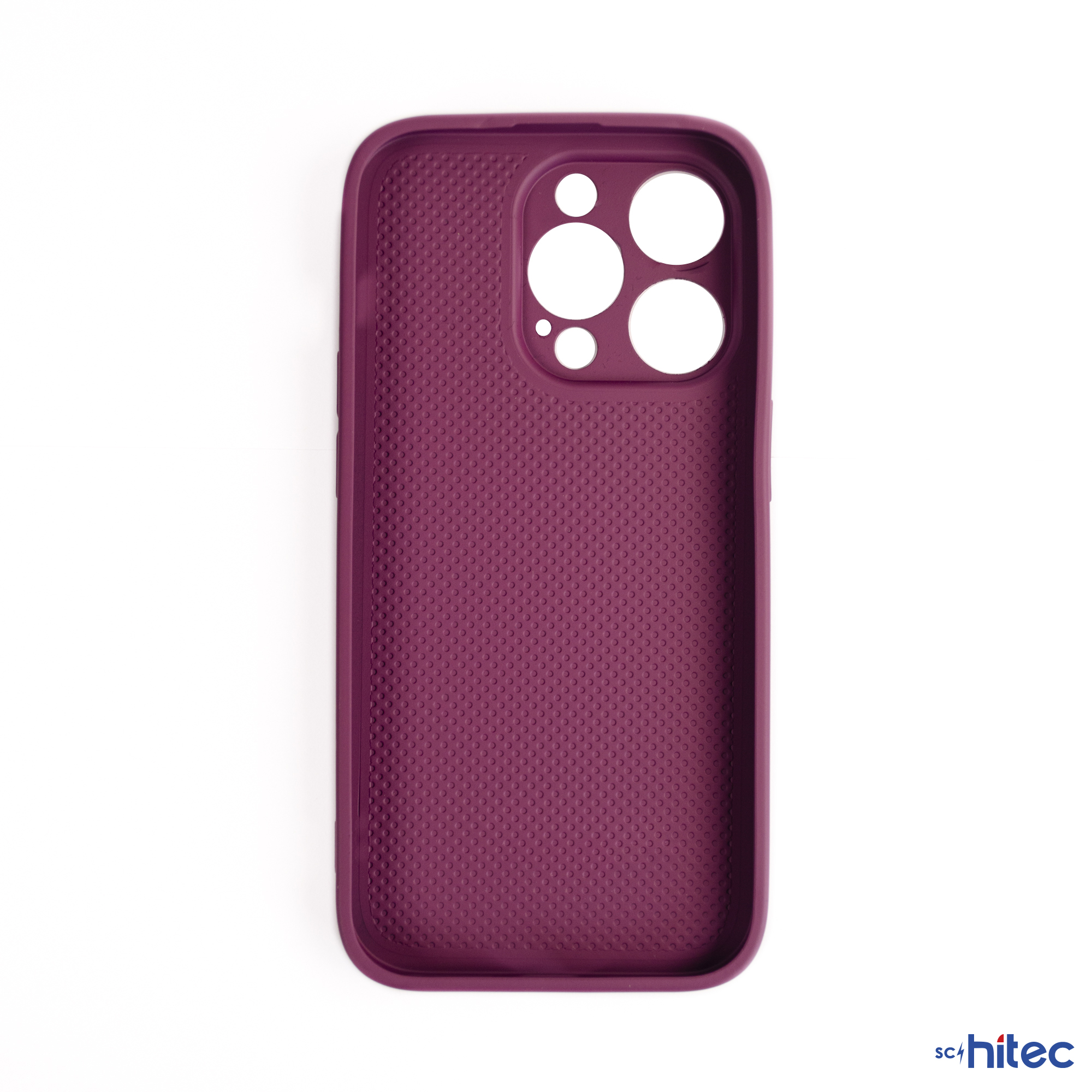 Noktalı deseni ve kamera kesikleri olan koyu mor telefon kılıfı.
