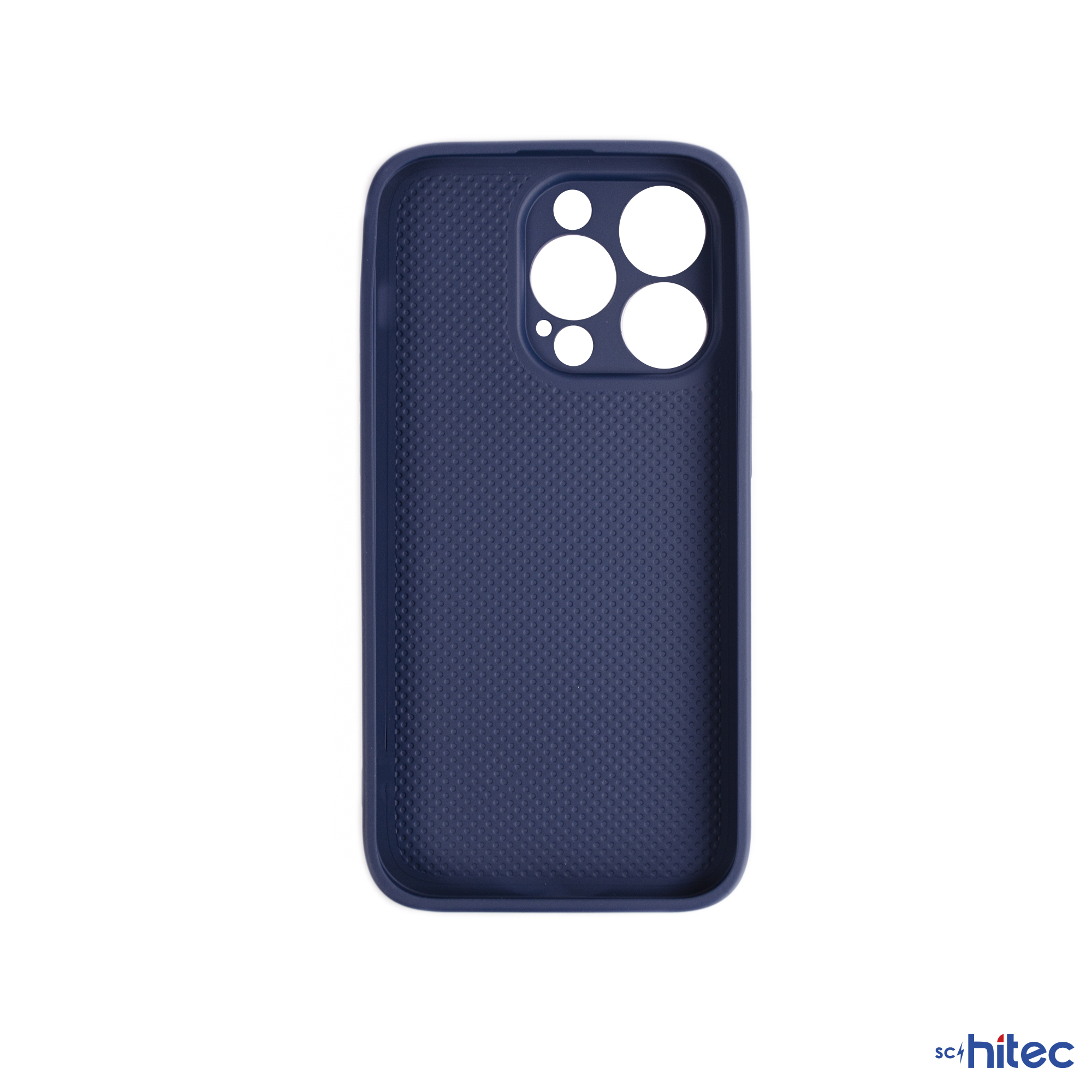 Noktalı desene ve kamera kesimine sahip lacivert telefon kılıfı.