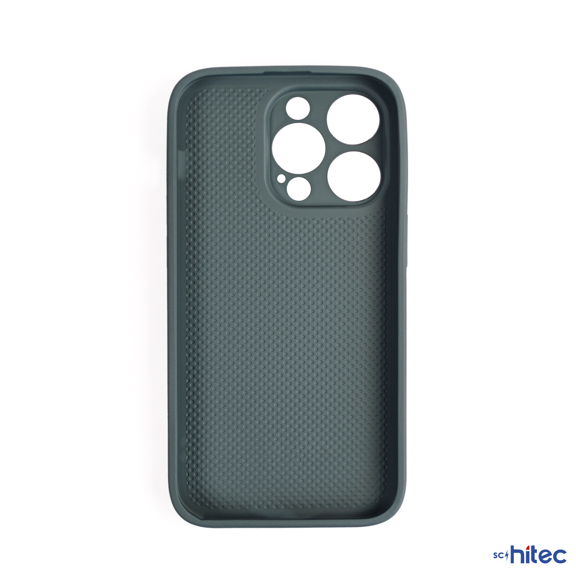 Noktalı desenli ve kamera kesimli koyu yeşil telefon kılıfı.