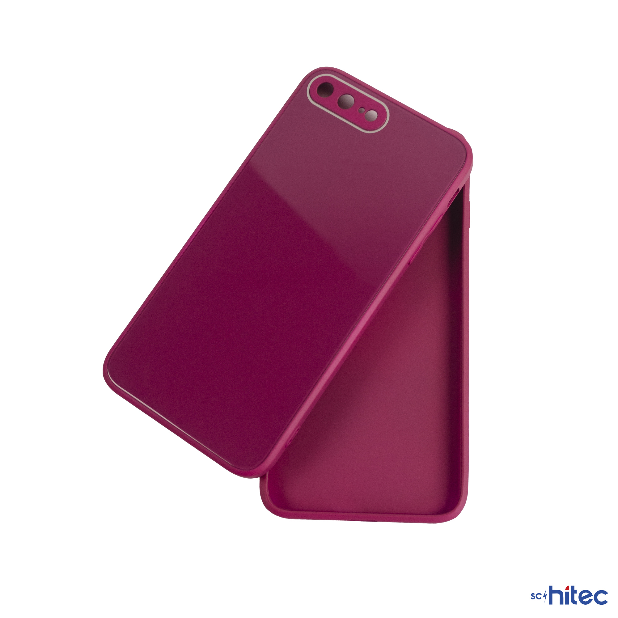 Üst üste yığılmış iki magenta telefon kılıfı, beyaz arka plan.