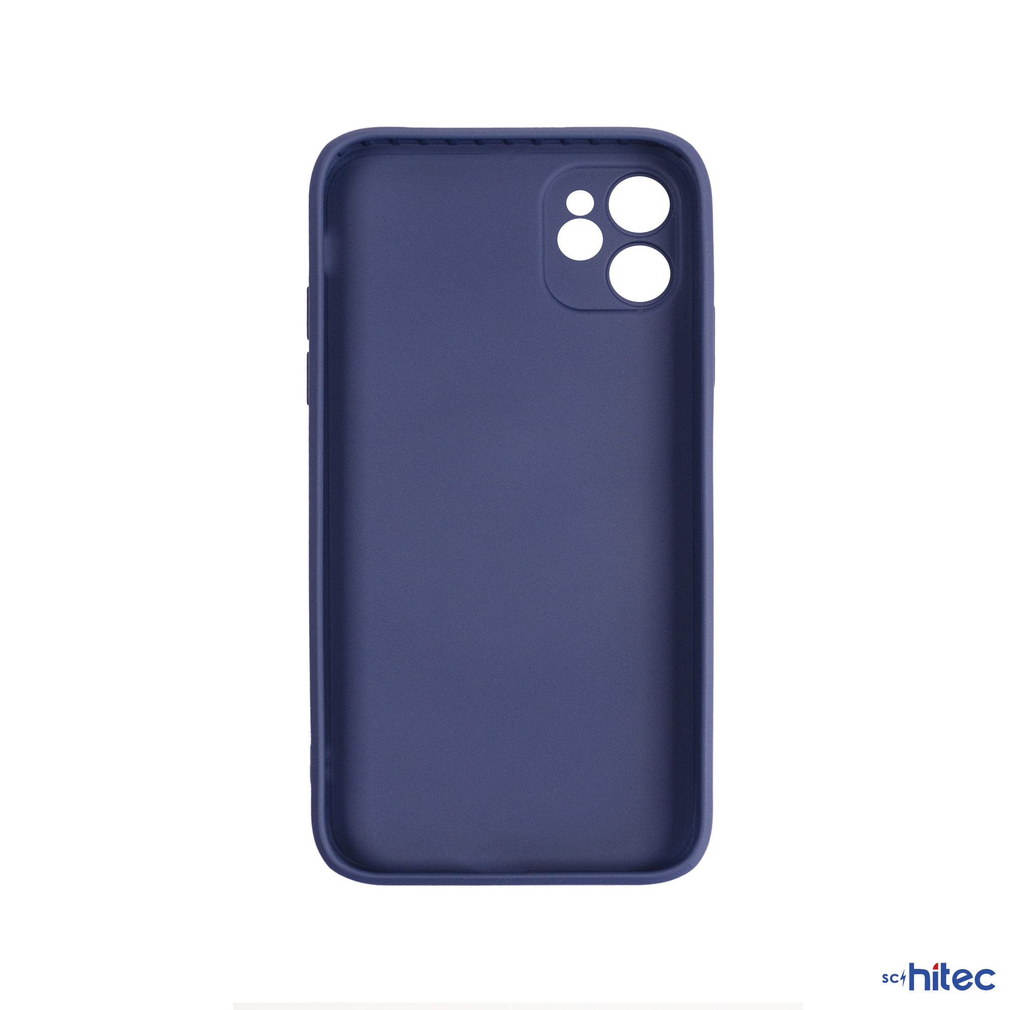 Kamera ve düğmeler için kesiklere sahip lacivert telefon kılıfı.