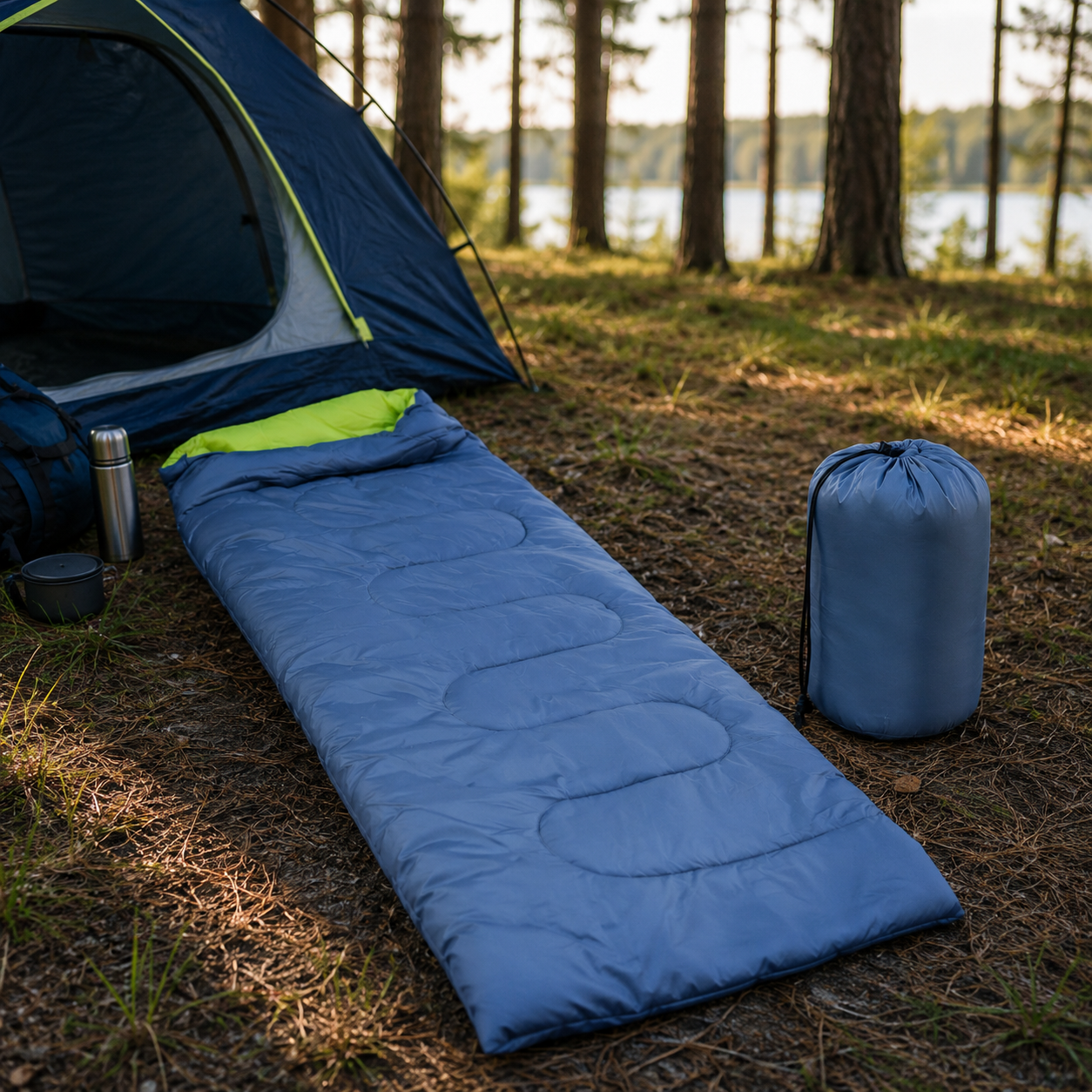 A blue sleeping bag lies next to a blue tent in the forest.