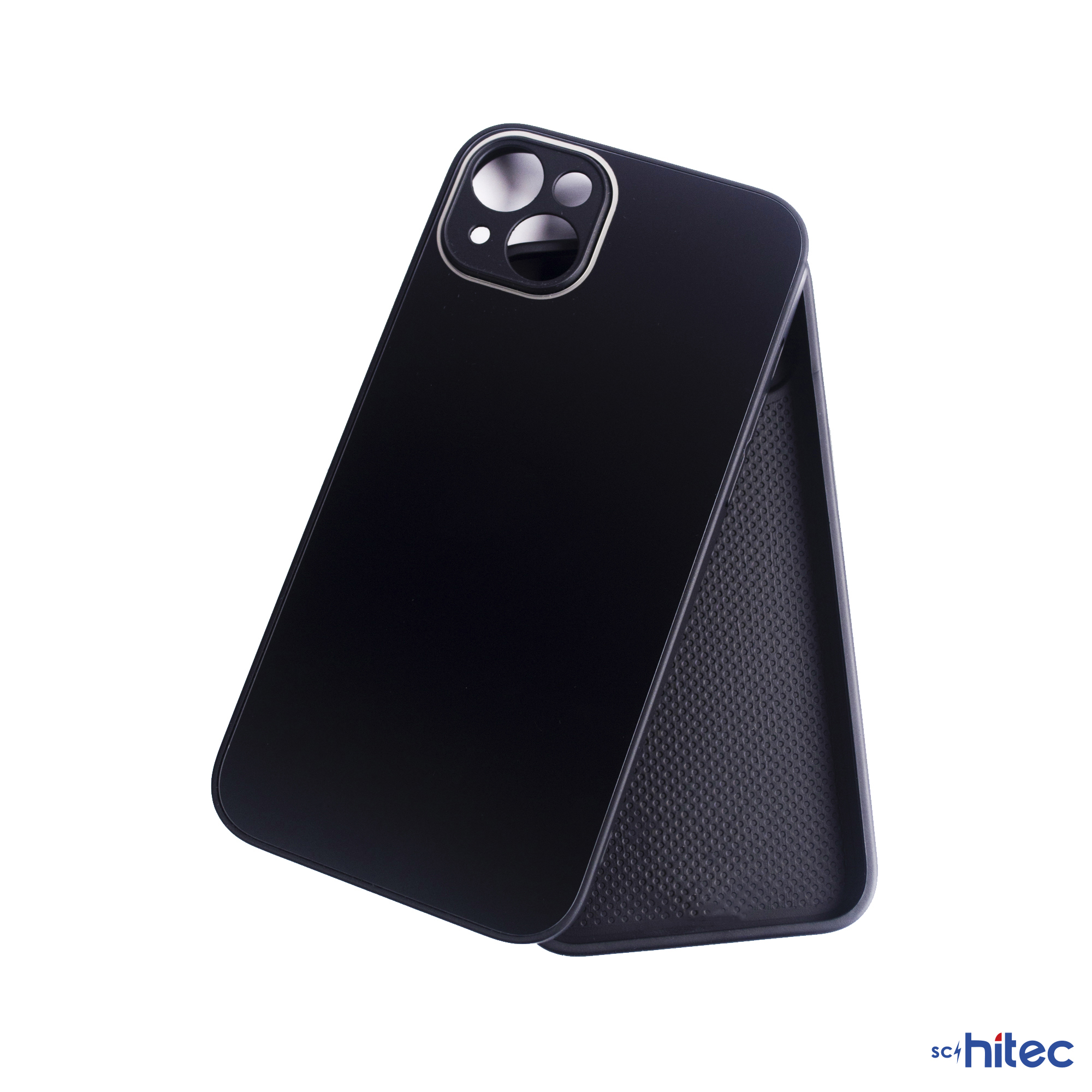 Kamera korumalı ve dokulu iç yüzeye sahip siyah telefon kılıfı.