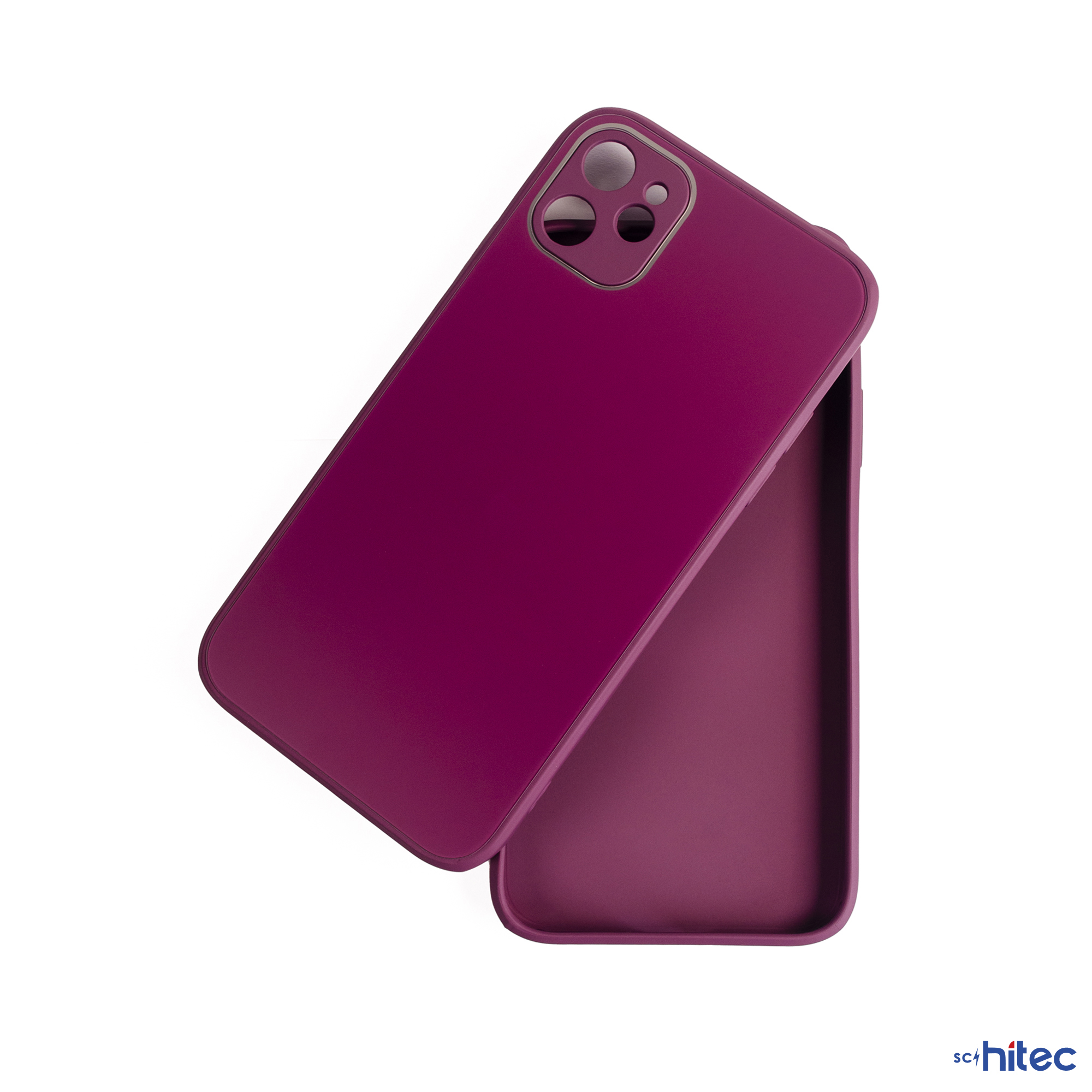 Mor bir iPhone kılıfı beyaz arka plan üzerinde duruyor.