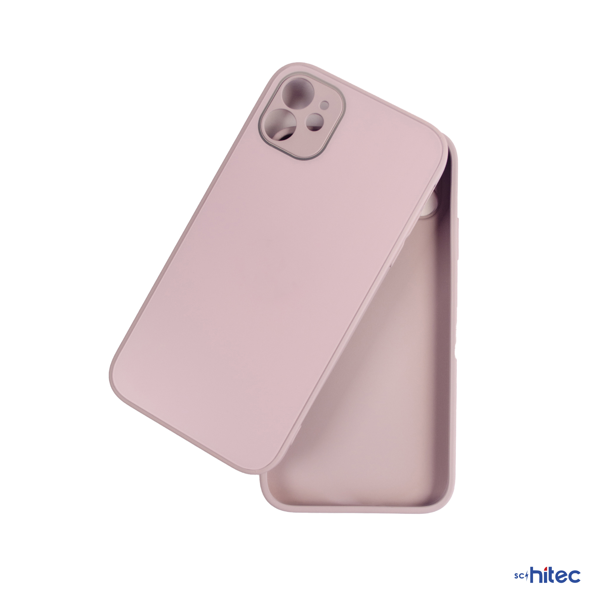 Beyaz arka plan üzerinde kamera modüllü pembe telefon kılıfı.