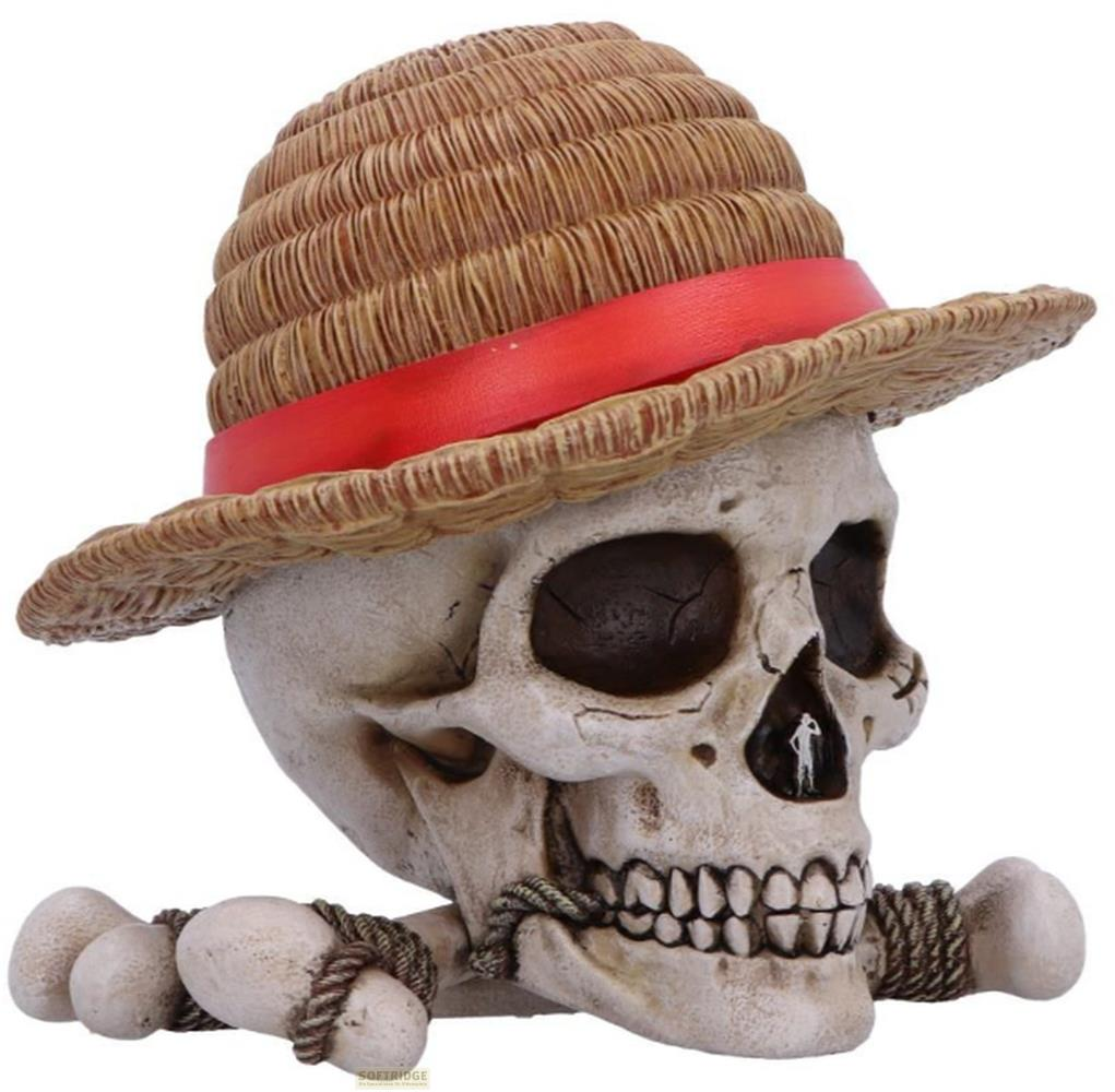 Una calavera con sombrero de paja y cinta roja, apoyada en huesos.