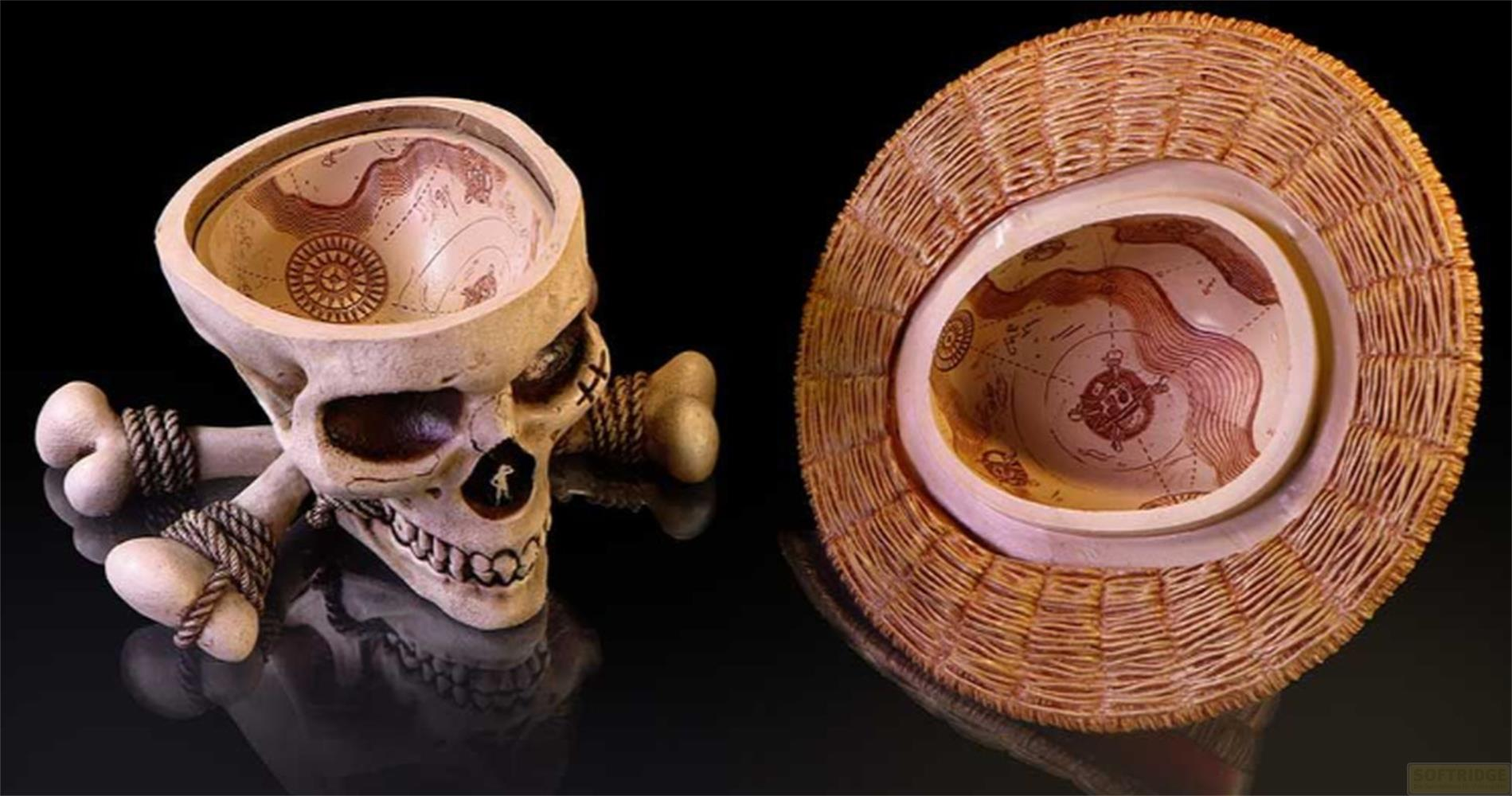 Una calavera con tibias cruzadas y un sombrero, ambos con diseños de mapas.