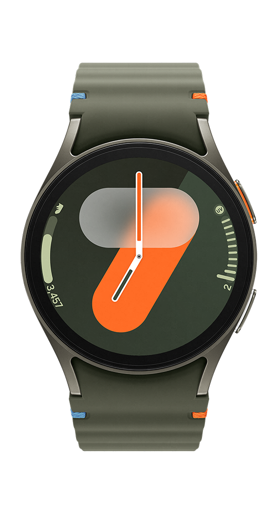 Eine grüne Smartwatch mit orangefarbenen und grauen Akzenten auf dem Zifferblatt.