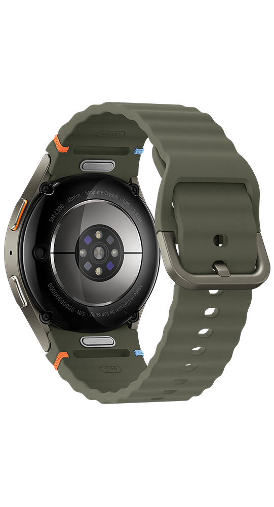 Rückseite einer grünen Smartwatch mit Metallschnalle und Details in Orange und Blau.