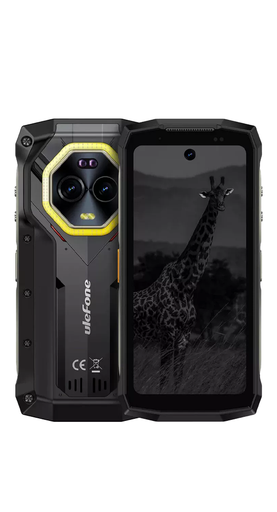Un teléfono Ulefone negro con una jirafa en pantalla. Cámaras duales, detalles amarillos.