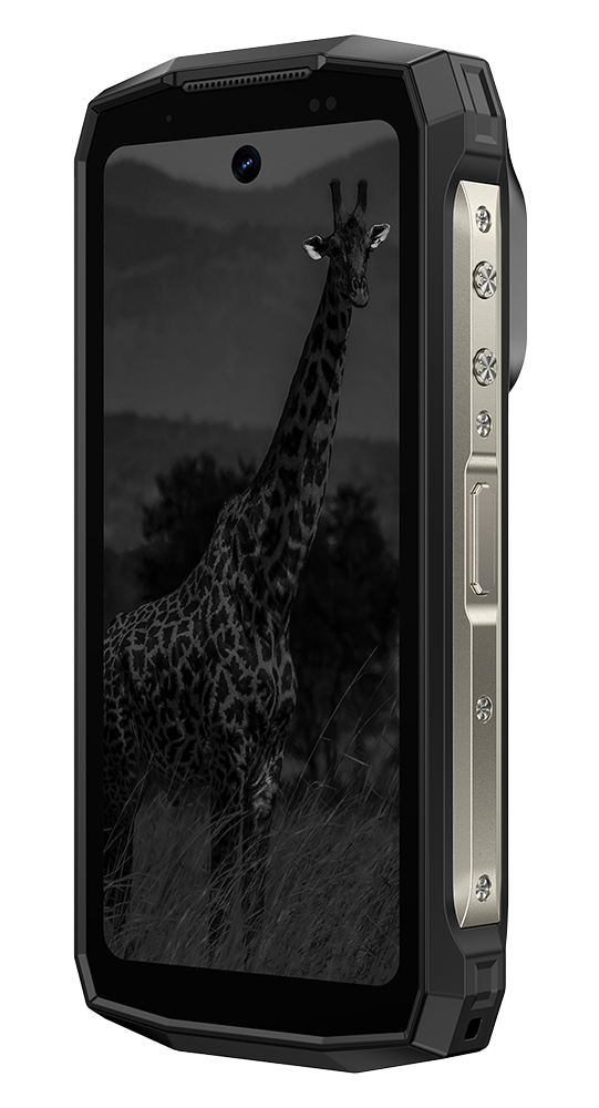 Un smartphone robusto que muestra una imagen de jirafa en su pantalla.