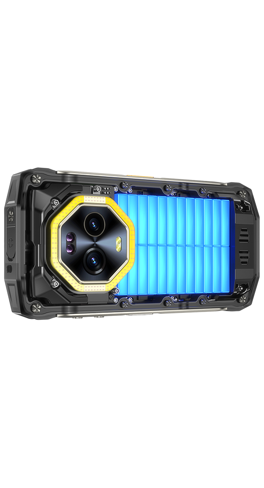 Teléfono inteligente resistente con cámara trasera dual y pantalla LED.