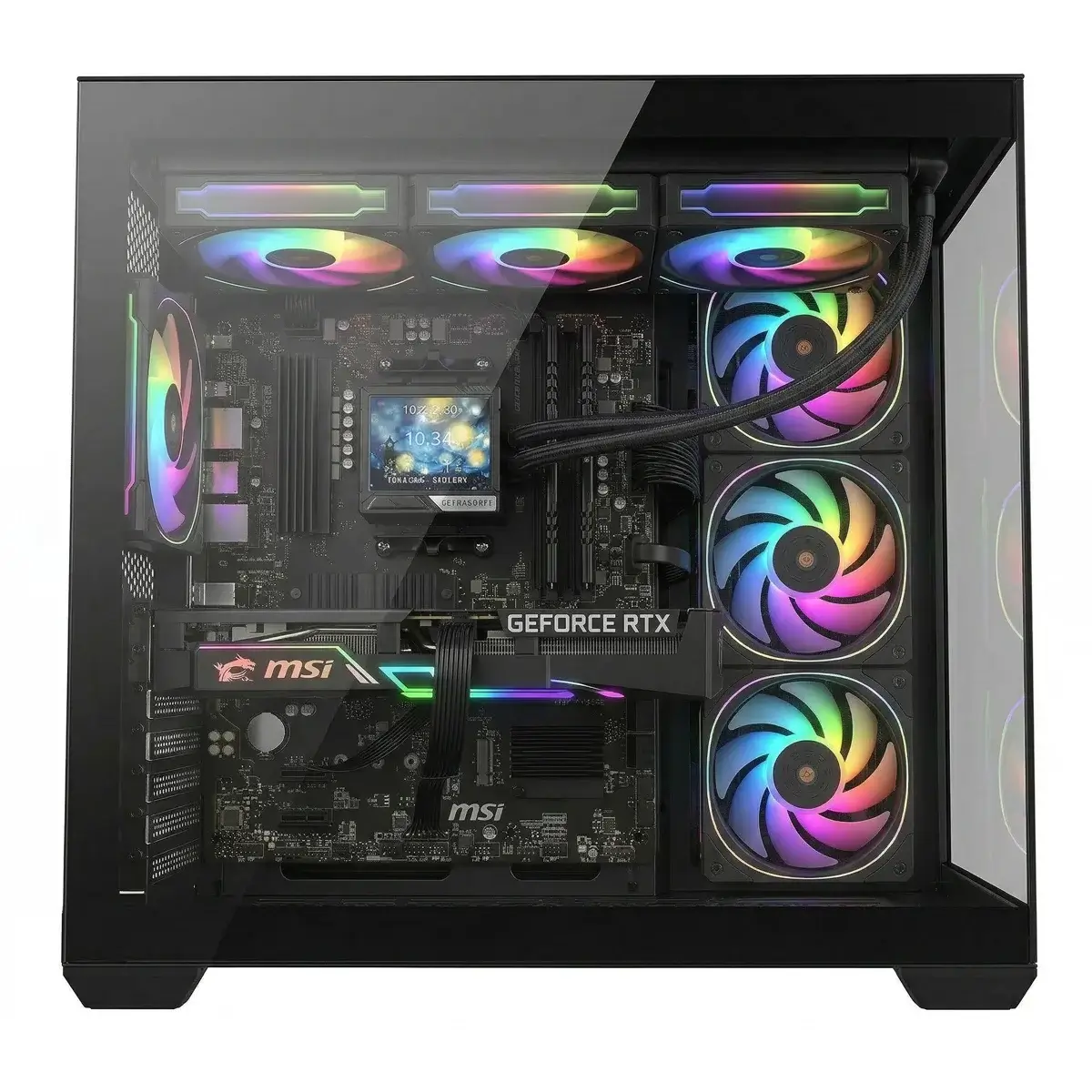 Un PC da gaming di fascia alta con ventole RGB, scheda madre MSI e scheda grafica RTX.