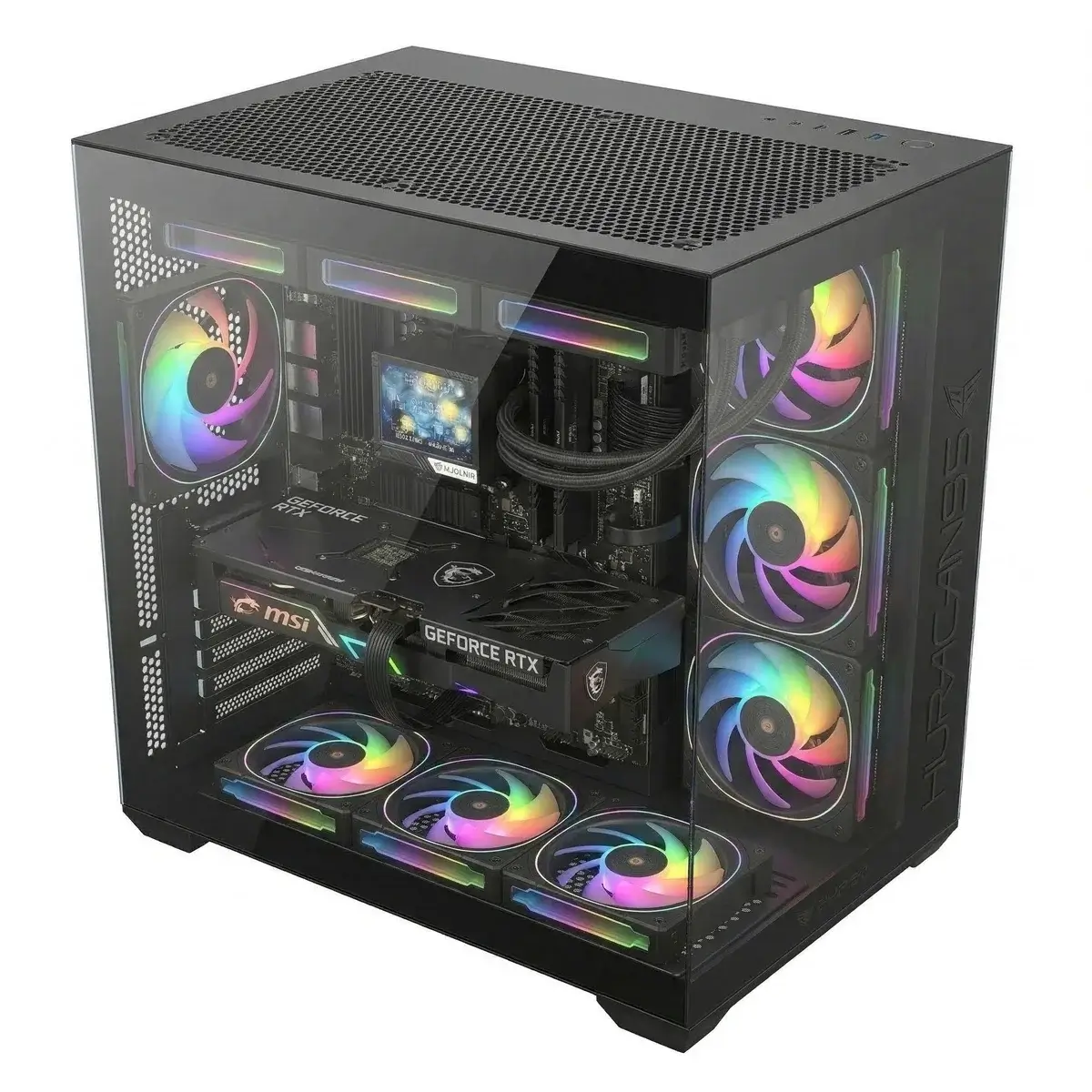 Un case per computer nero con ventole RGB e scheda grafica GeForce RTX.
