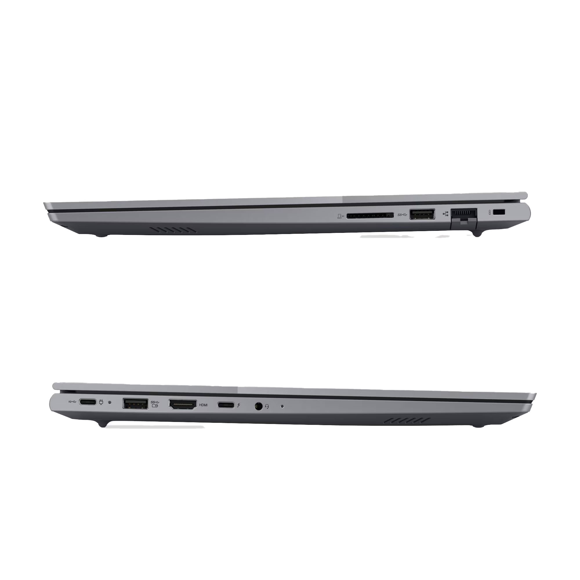 Gri dizüstü bilgisayar bağlantı noktalarını gösteriyor: USB-C, SD kart okuyucu, HDMI ve USB-A.