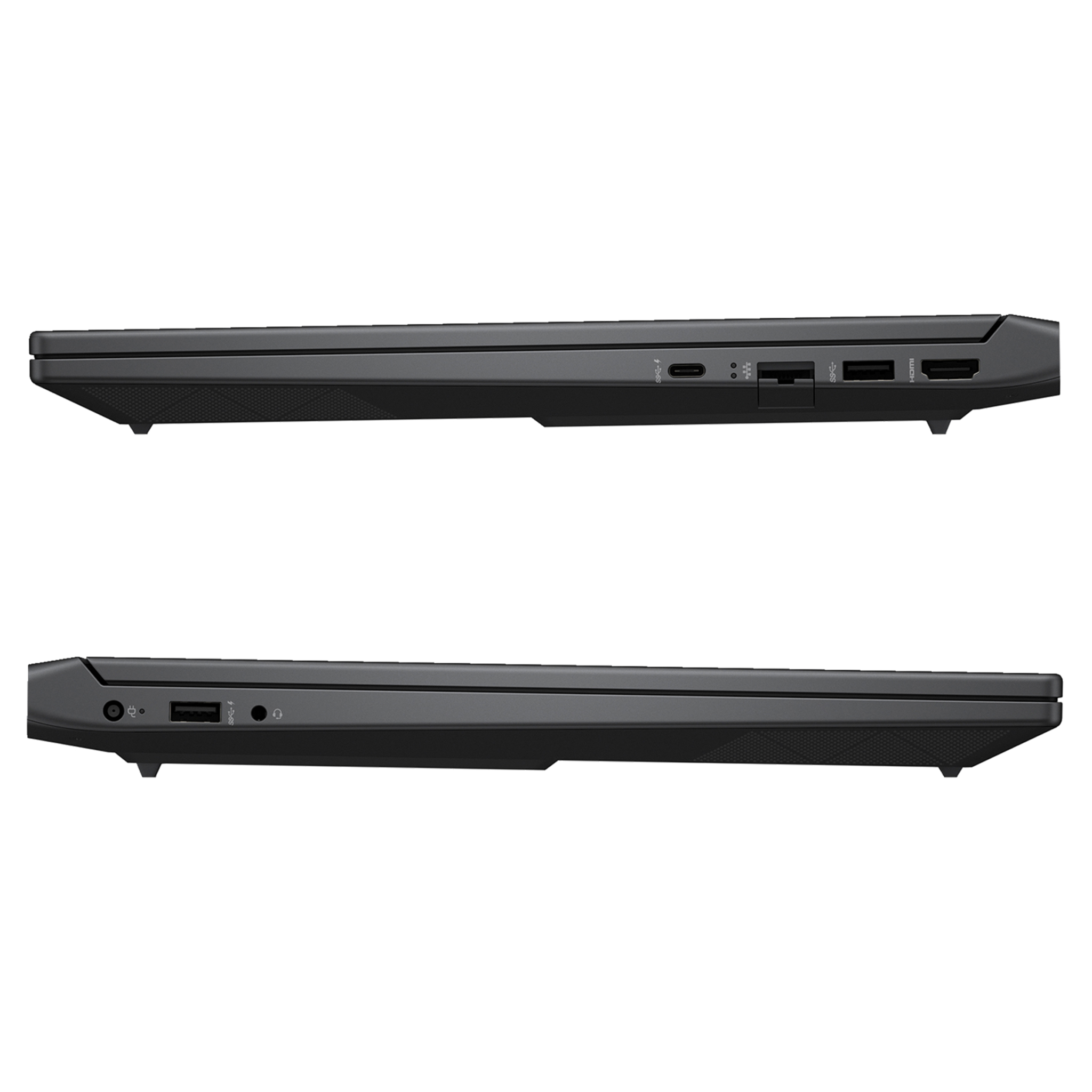 Yan görünüm, koyu renkli bir dizüstü bilgisayarın bağlantı noktalarını gösteriyor: USB-C, USB-A, HDMI.