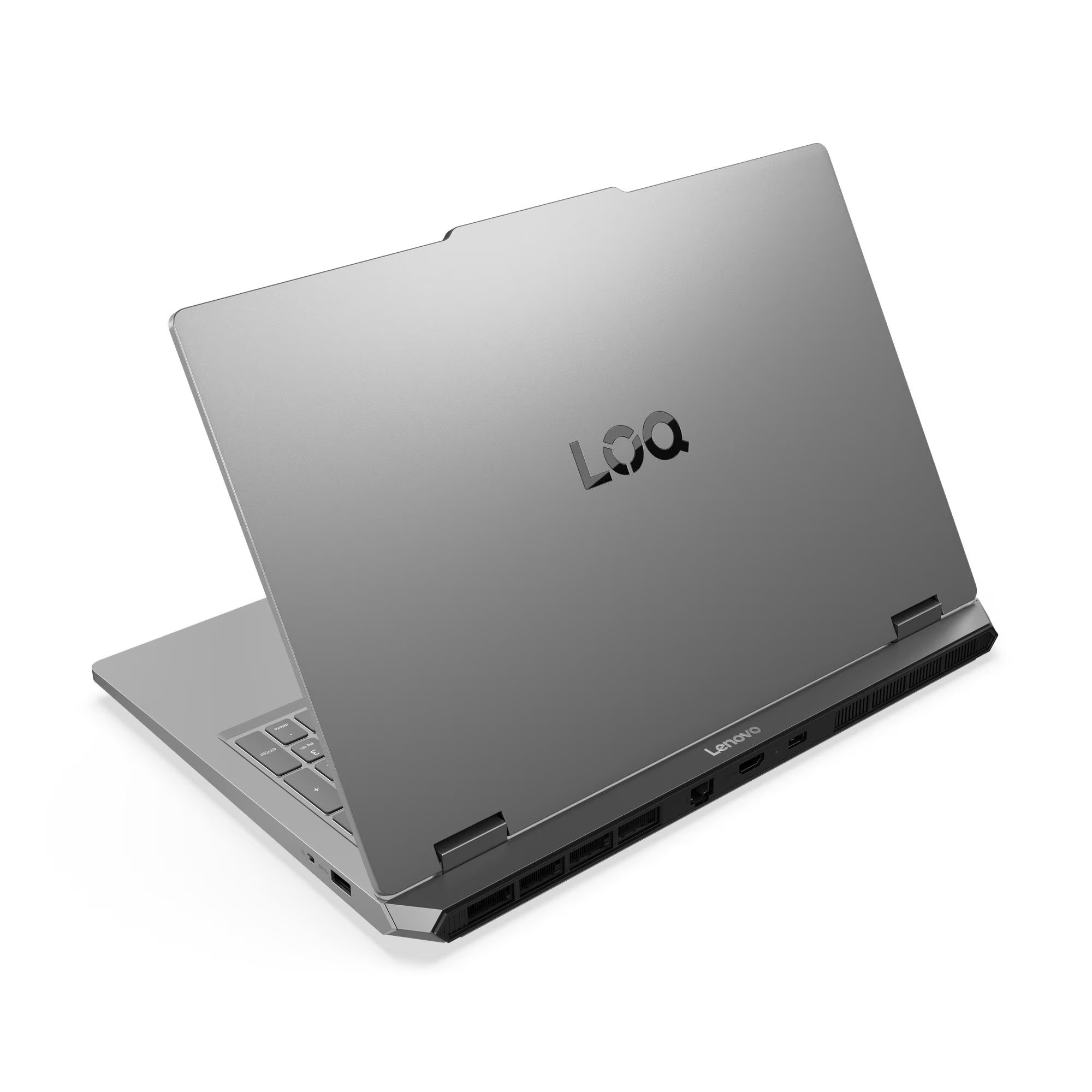LOQ logolu gri bir Lenovo dizüstü bilgisayar.