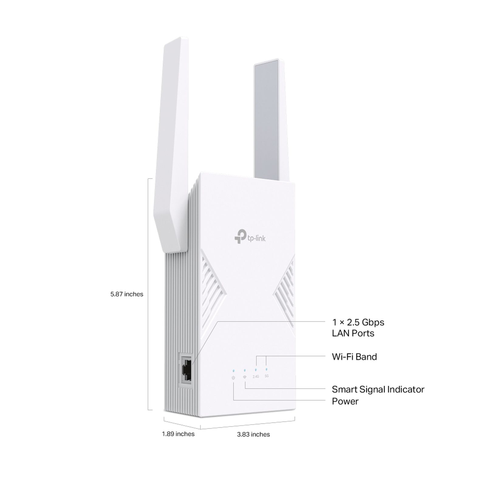 Biały wzmacniacz Wi-Fi TP-Link z antenami, portem LAN i wskaźnikami.