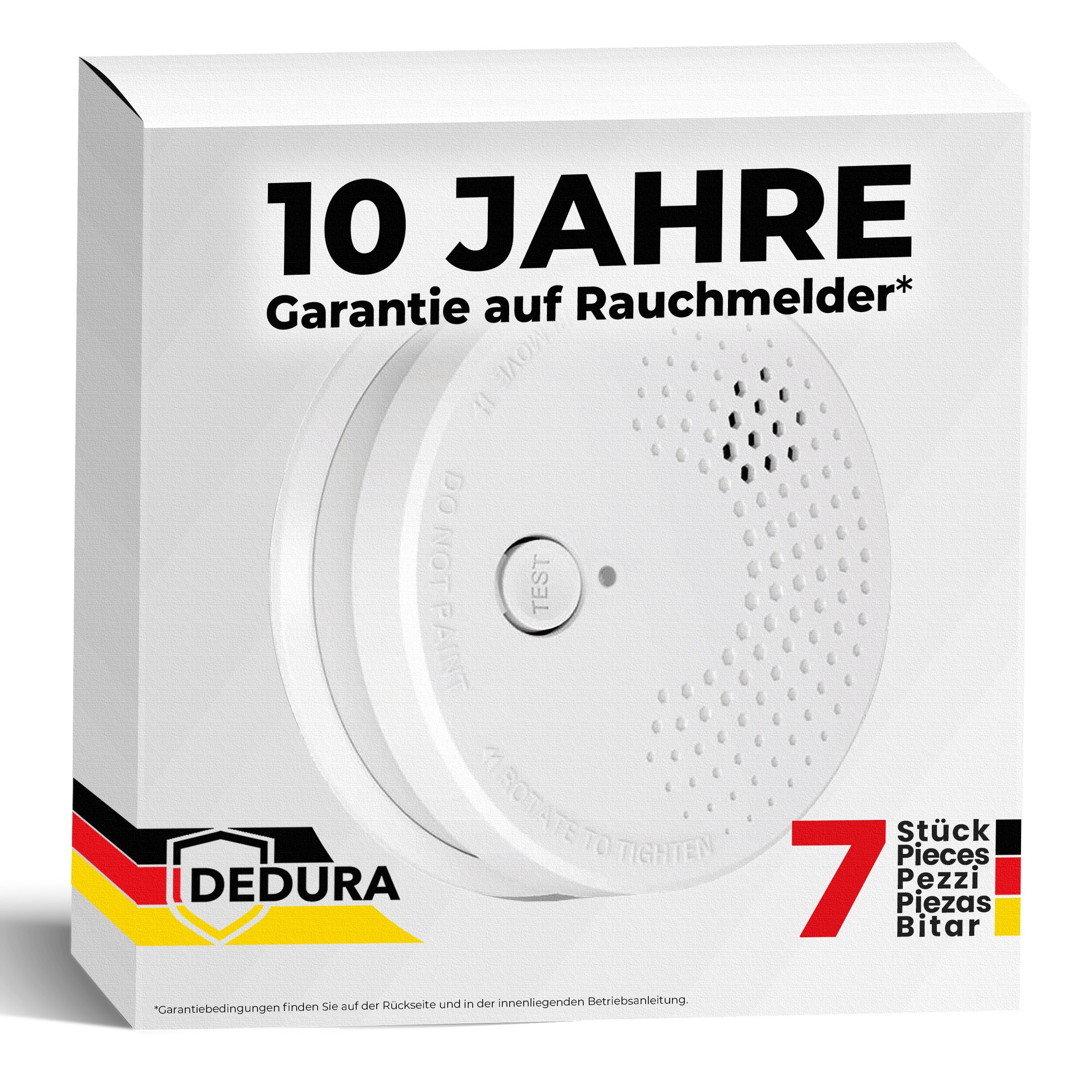 Verpackung mit weißem Rauchmelder, 10 Jahre Garantie, DEDURA Logo.