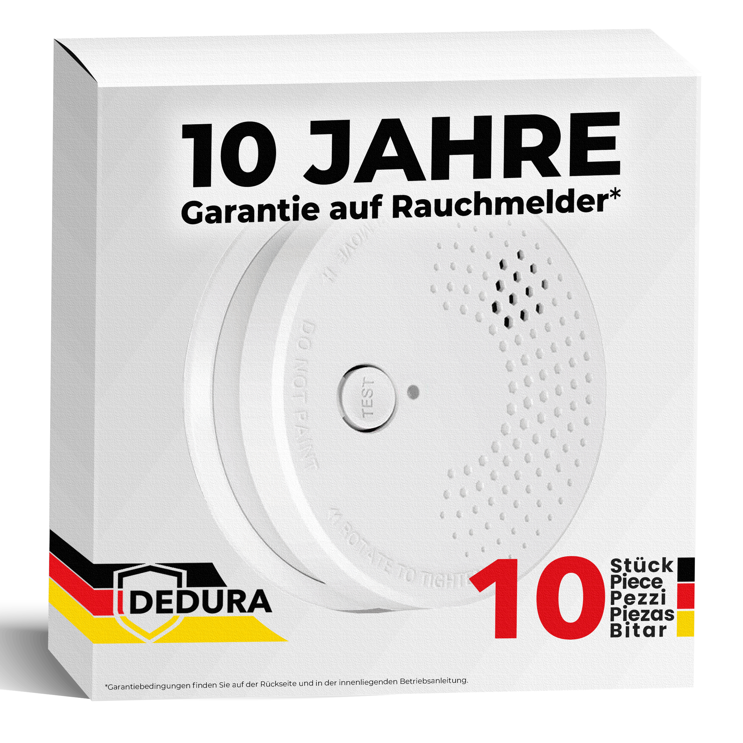 Verpackung eines weißen Rauchmelders mit 10 Jahren Garantie.